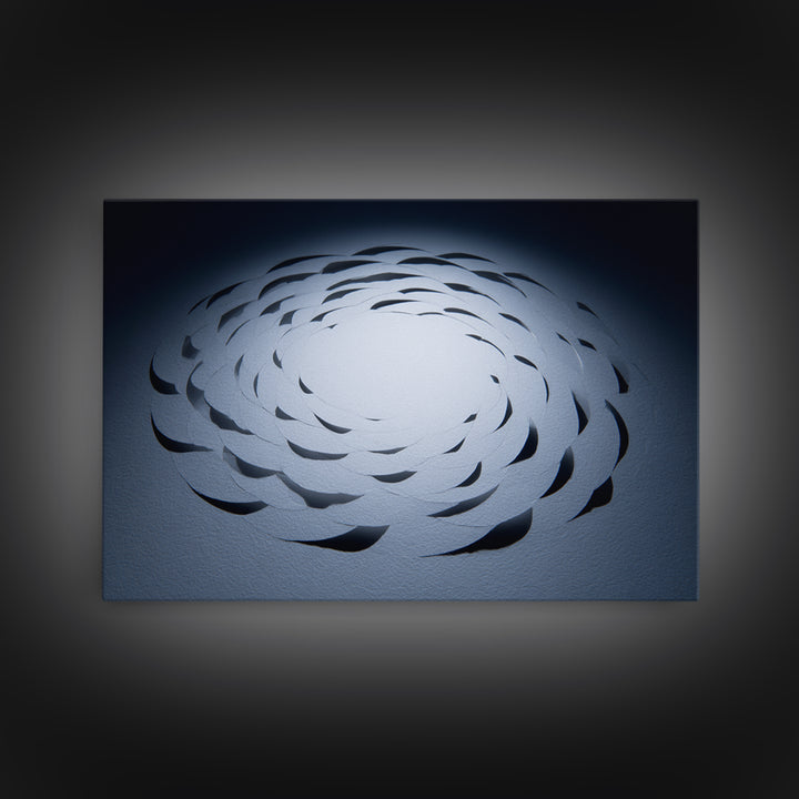 White Paper Cut Spiral Flower Canvas Print, Minimalist Modern Abstract Wall Decor, Blue Black Sculptural Textile Statement Art