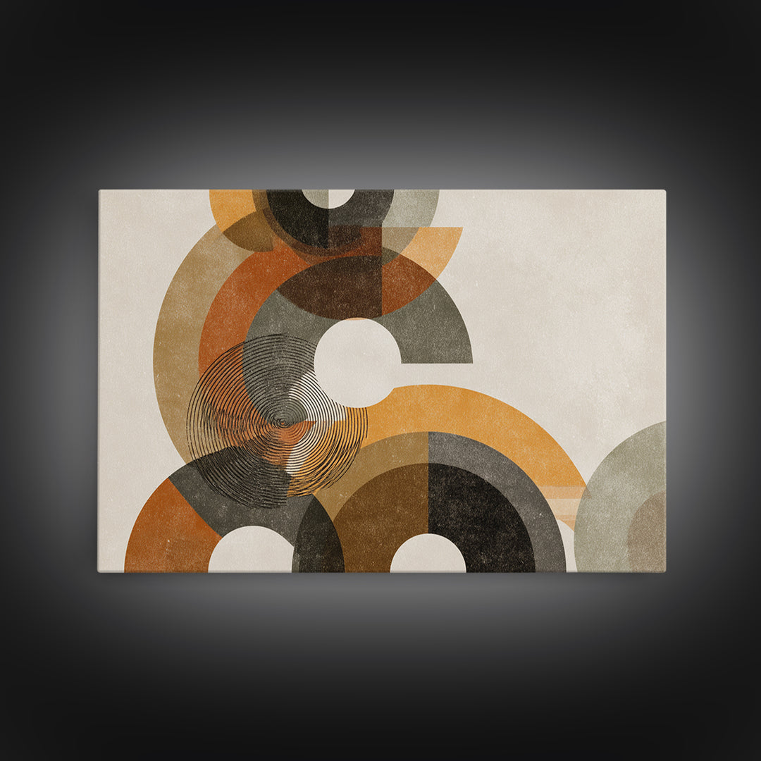Earthy Orange Black And Beige Circles Framed Canvas Print, Midcentury Modern Abstract Geometric Wall Decor, Retro MCM Art