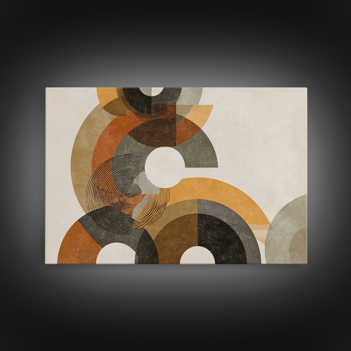 Earthy Orange Black And Beige Circles Framed Canvas Print, Midcentury Modern Abstract Geometric Wall Decor, Retro MCM Art