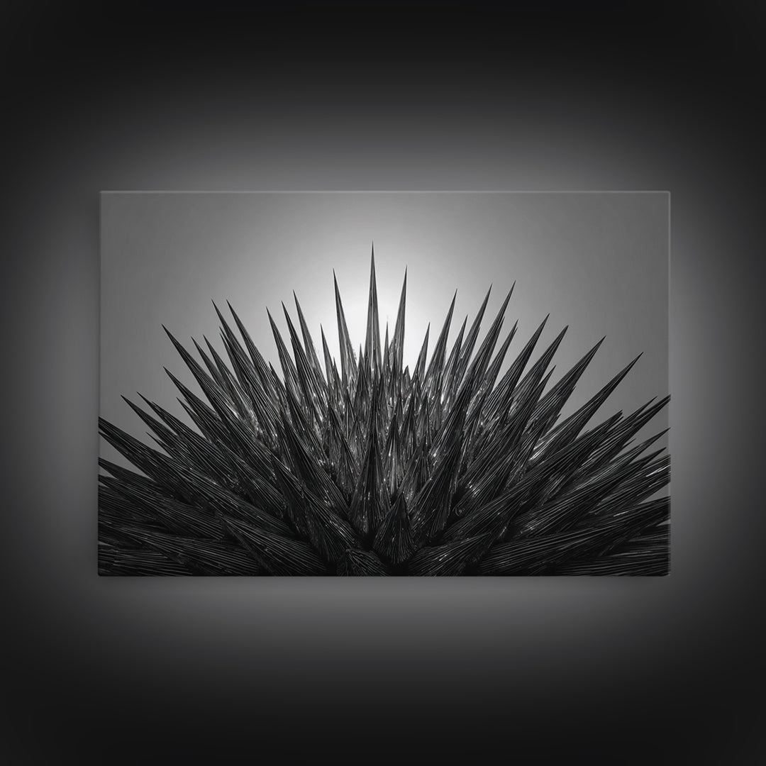 Black Spiky Radial Feather Abstract Wall Art, Monochrome Modern Nature Print, Dramatic Geometric Statement Office Decor