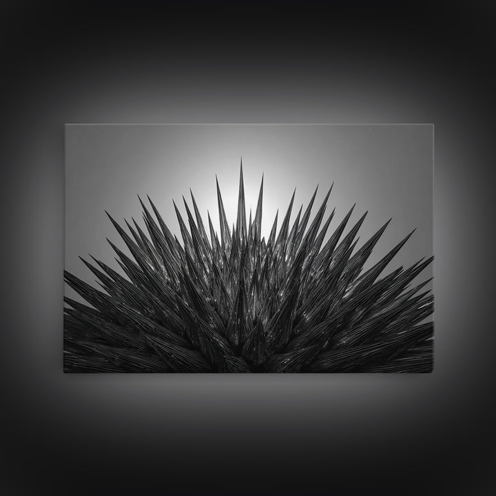 Black Spiky Radial Feather Abstract Wall Art, Monochrome Modern Nature Print, Dramatic Geometric Statement Office Decor