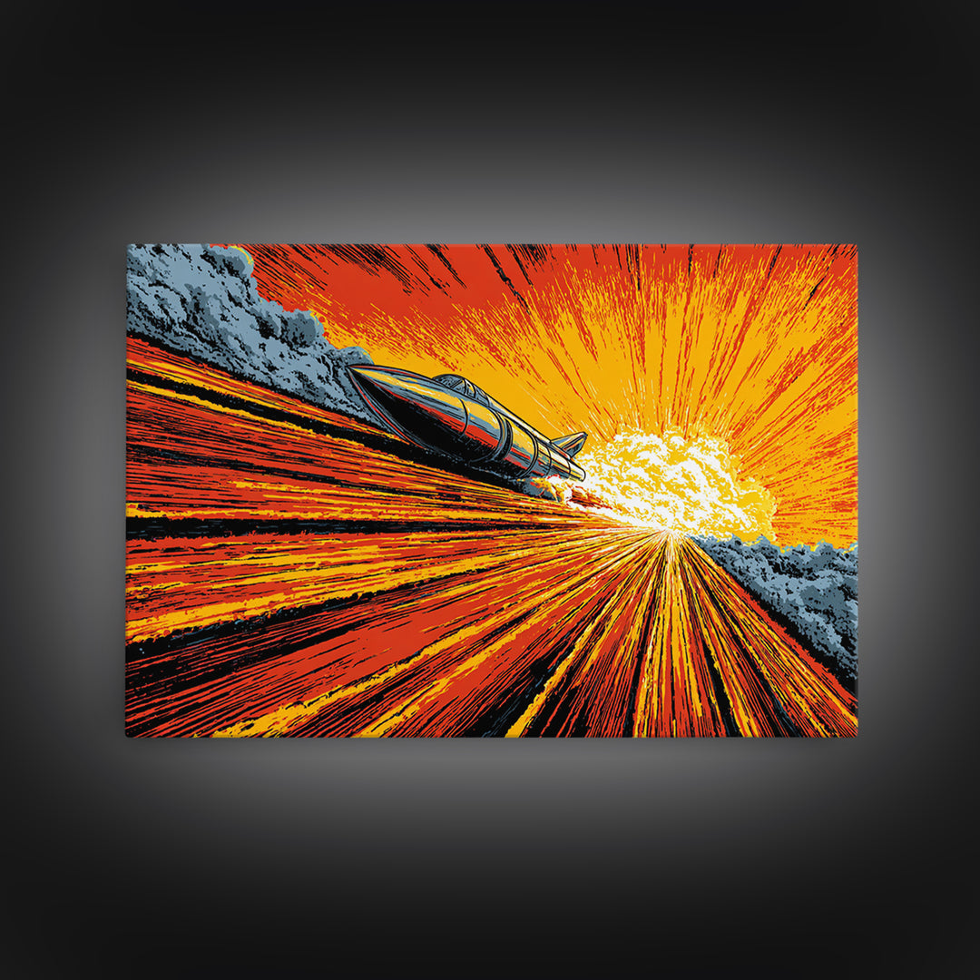 Retro Rocket Speeding Into Solar Burst Wall Art, Sci Fi Space Poster, Atomic Mid Century Modern Decor, Orange Comic Print