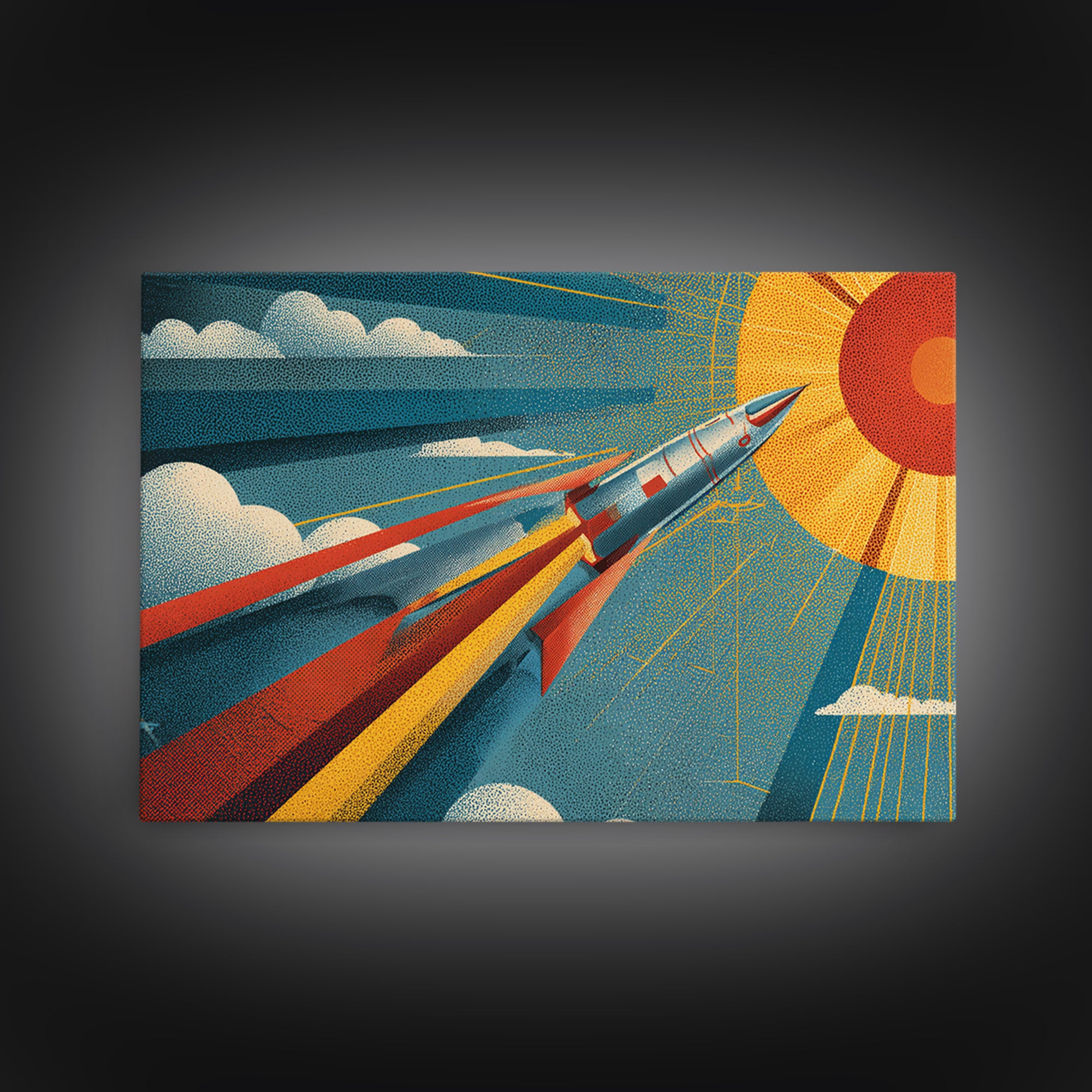 Sleek Rocket Flying Toward Sun Canvas Print, Retro Futurist Space Wall Decor, Mid Century Modern Art, Atomic Sci Fi Poster