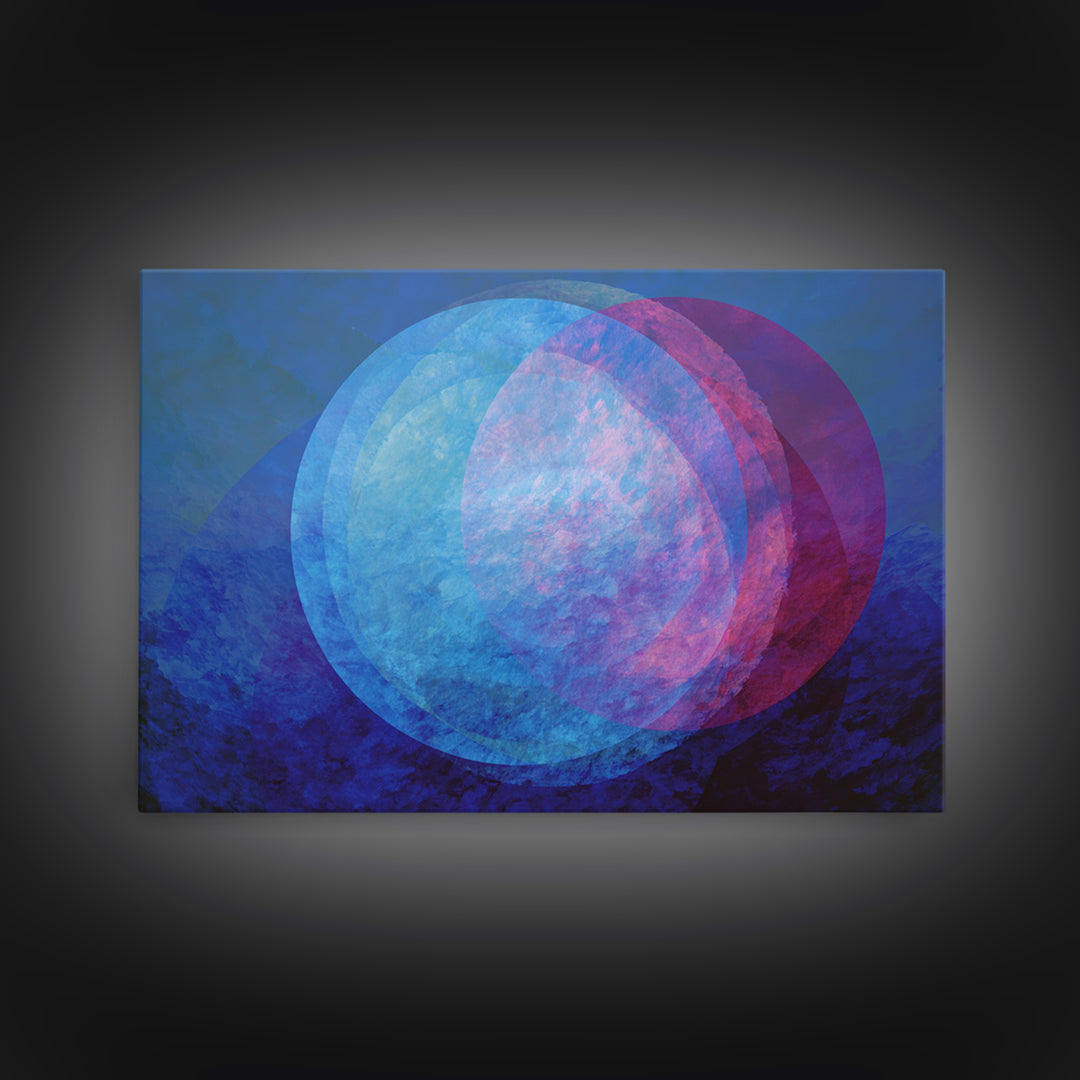 Blue Magenta Overlapping Moons Canvas Print, Abstract Space Wall Decor, Modern Geometric Art, Moody Bedroom Poster, Blue Wall Art