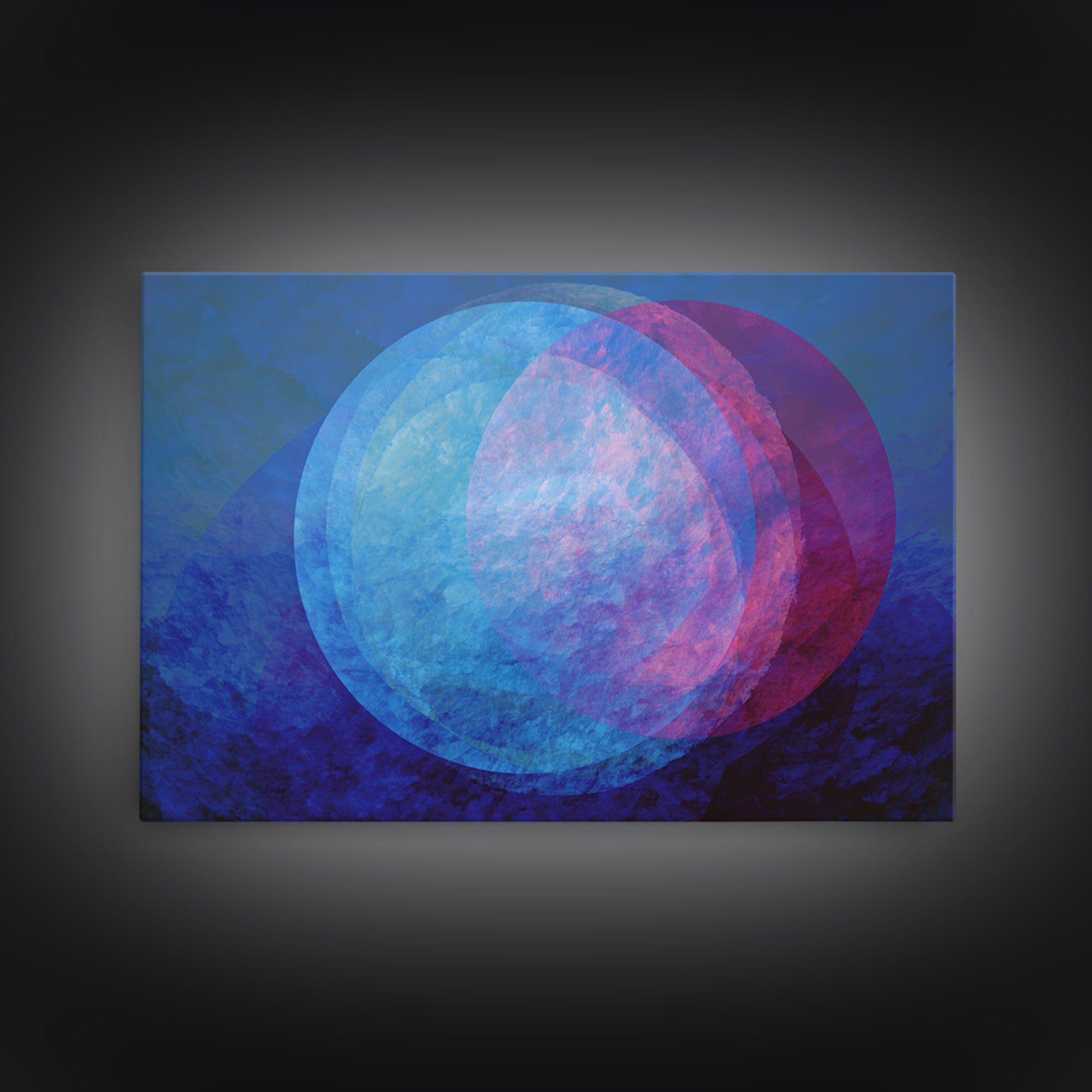 Blue Magenta Overlapping Moons Canvas Print, Abstract Space Wall Decor, Modern Geometric Art, Moody Bedroom Poster, Blue Wall Art