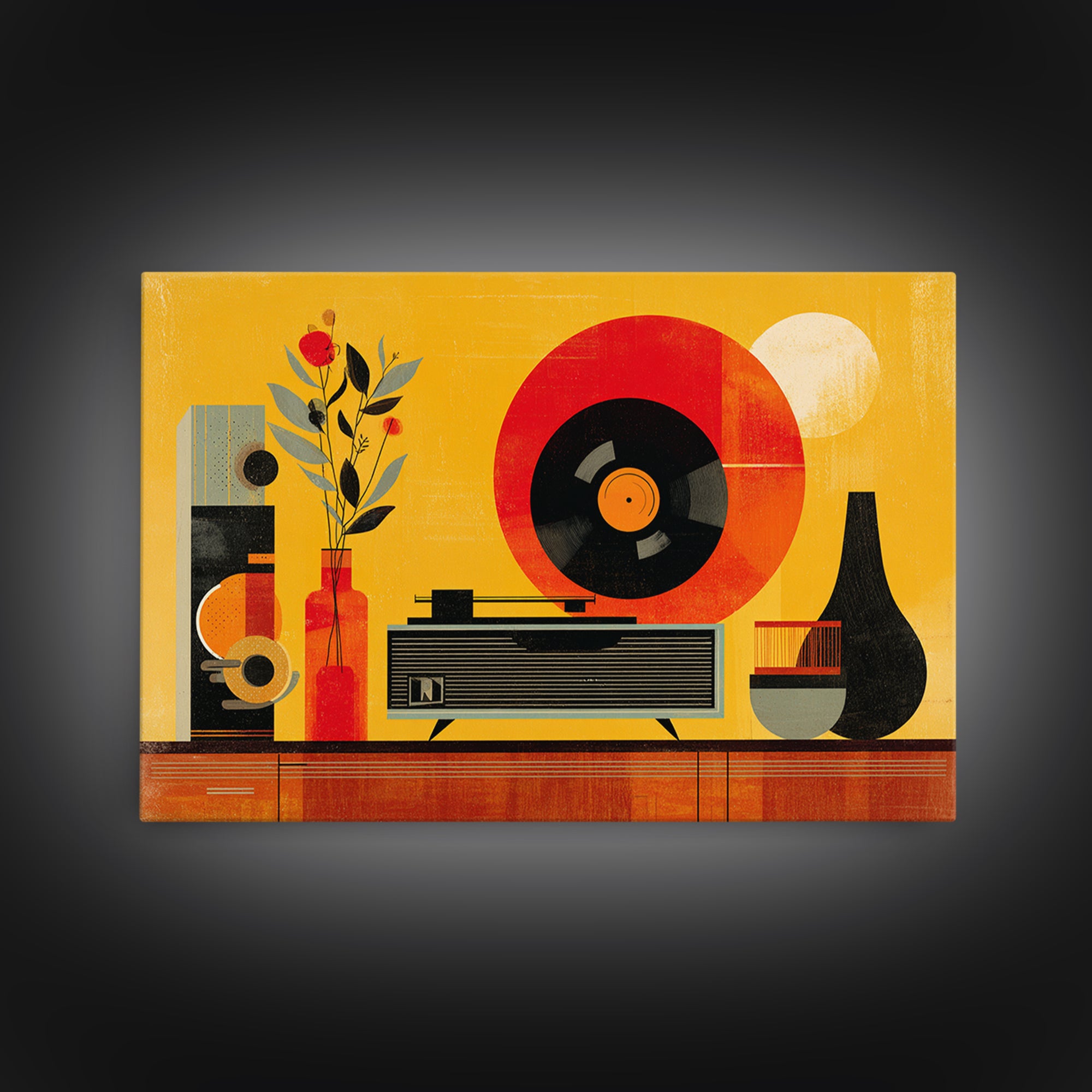 Bold Yellow Stereo And Red Vinyl, Mid Century Modern Canvas Print, Retro Music Room Wall Decor, MCM Record Player Poster