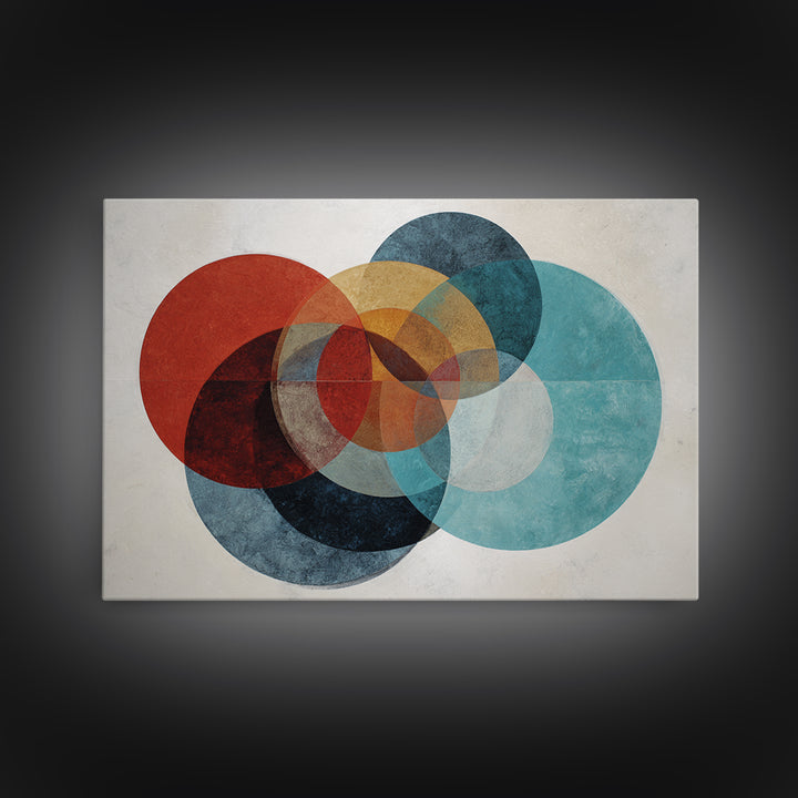 Textured Overlapping Circles Wall Art, Red Teal Mustard Abstract Print, Mid Century Modern Decor, Geometric Living Room Poster
