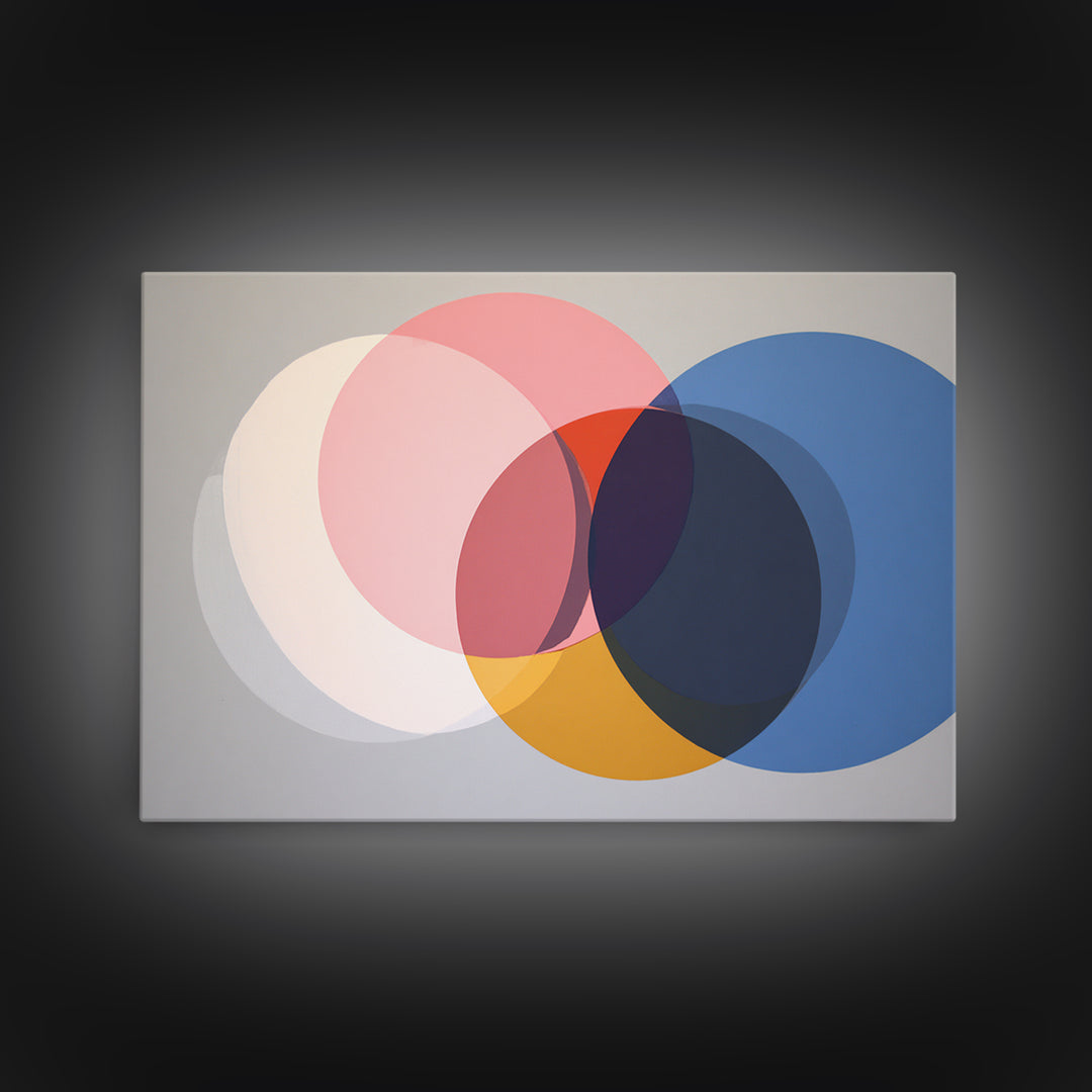 Soft Pink Cream Blue And Orange Circles Canvas Print, Midcentury Modern Geometric Abstract Wall Decor For Living Room Home Decor Poster