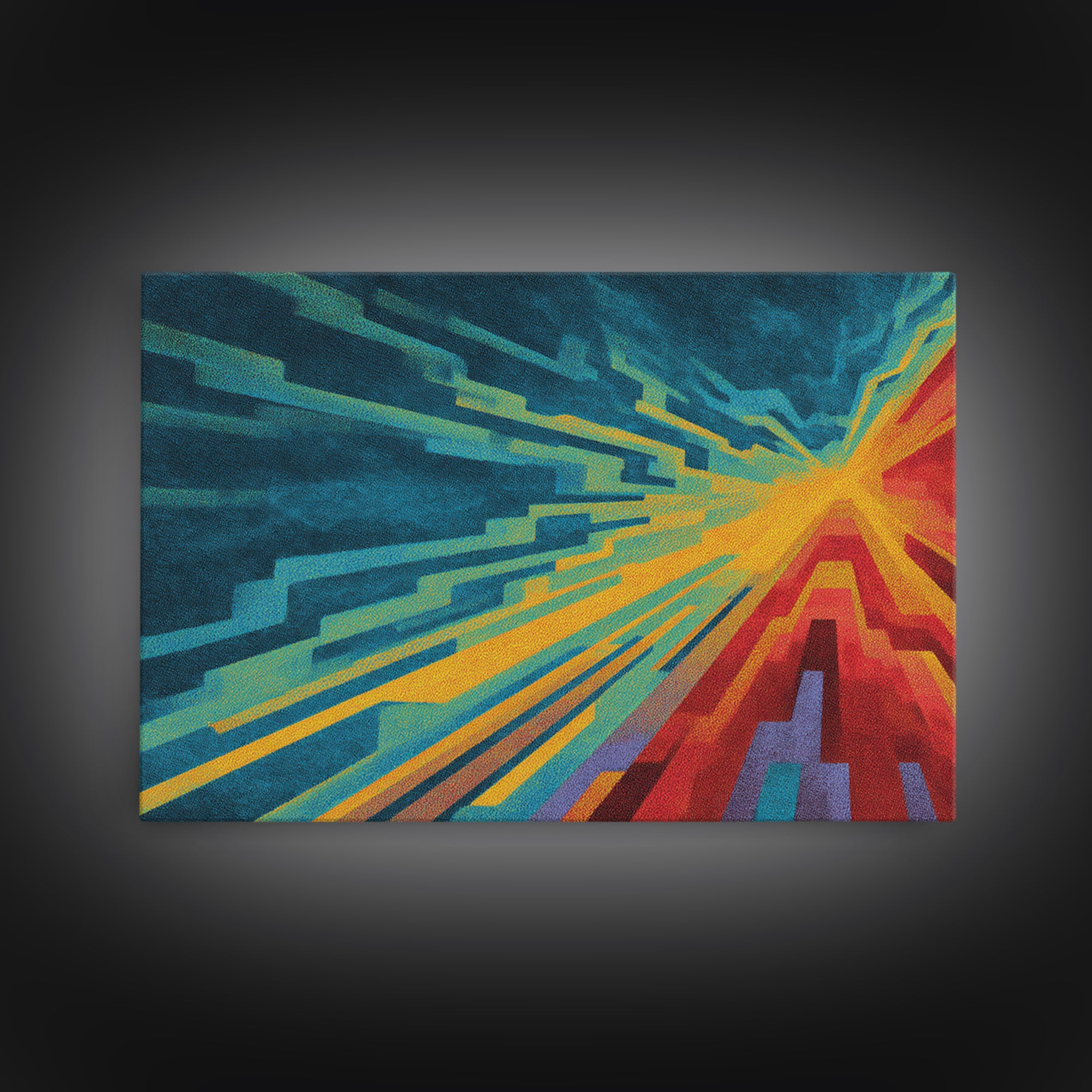 Neon Geometric Speed Lines In Teal Orange, Canvas Print, Abstract Wall Art, Modern Digital Art Poster For Gaming Room Decor