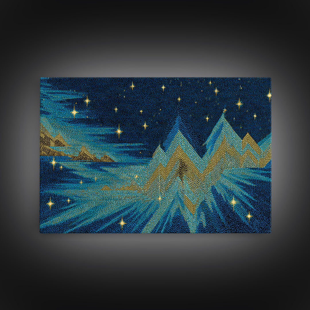 Starry Turquoise Mountains With Golden Peaks, Framed Canvas Print, Cosmic Retro Wall Art, Modern Abstract Decor For Living Room