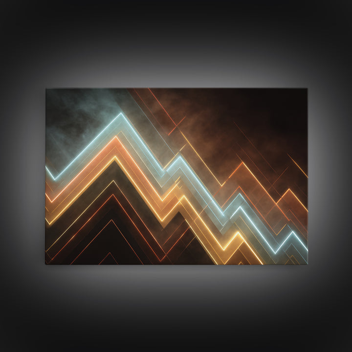 Glowing Neon Chevron Lines In Smoky Dark, Canvas Print, Geometric Wall Art, Modern Abstract Poster For Office Or Game Room