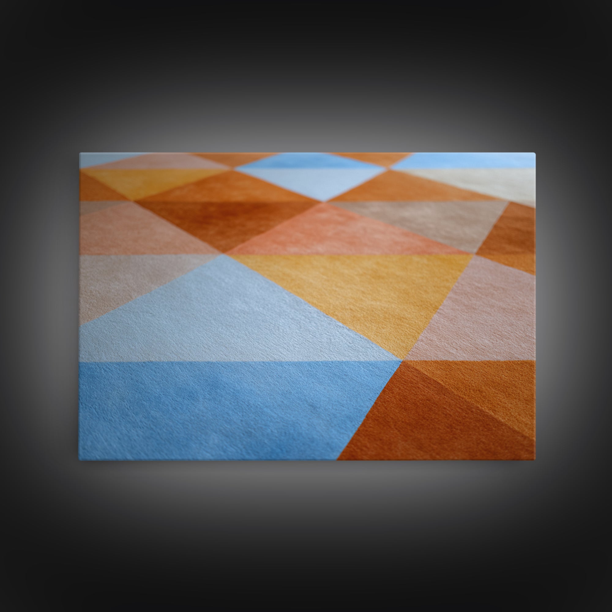 Rust Blue Ochre Triangle Pattern Wall Art, Midcentury Modern Geometric Art Print, Abstract Home Office Decor, Large Canvas Print