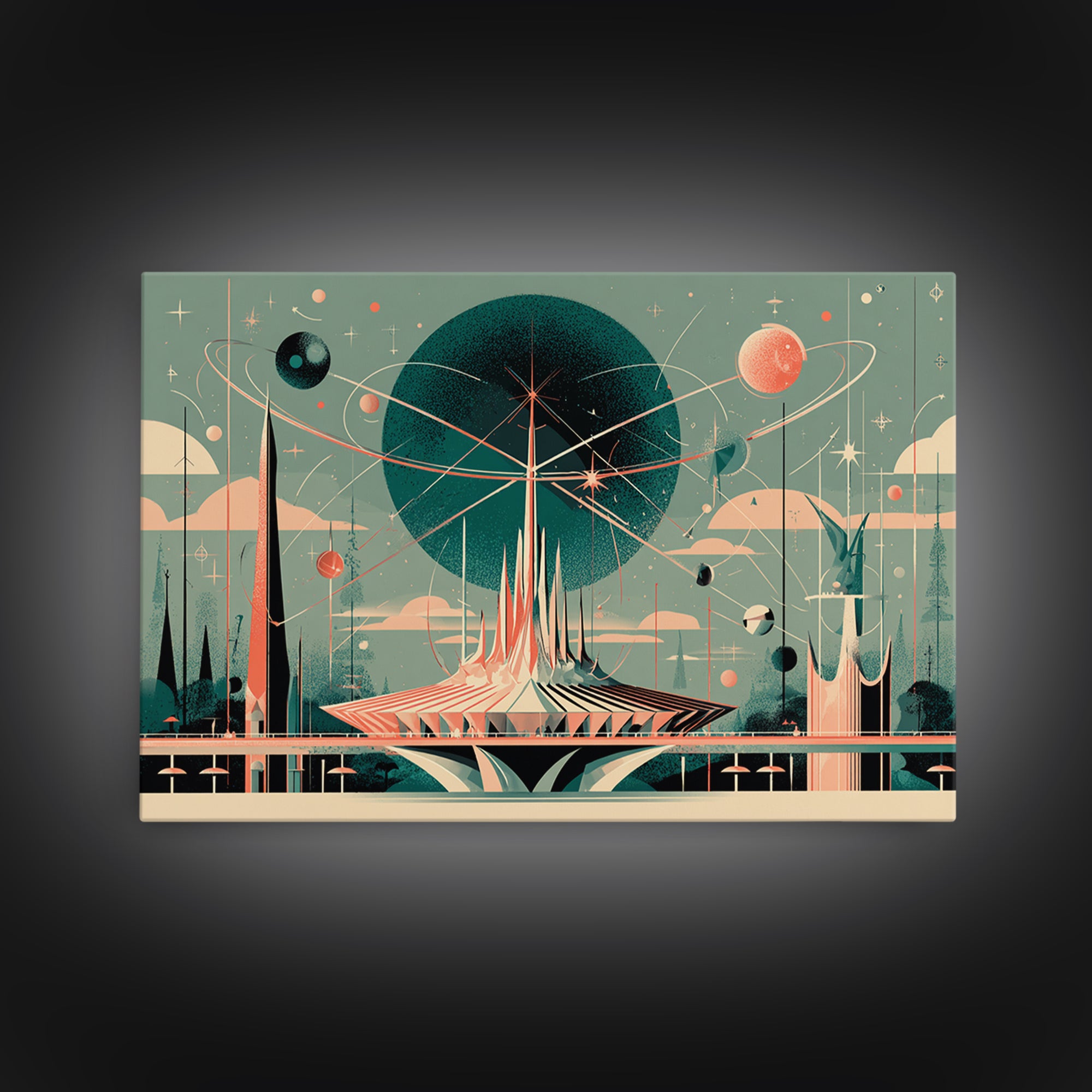 Atomic Futurist Pavilion Canvas Print, Midcentury Modern Wall Art, Retro Space Age Decor, Geometric MCM Architecture Poster