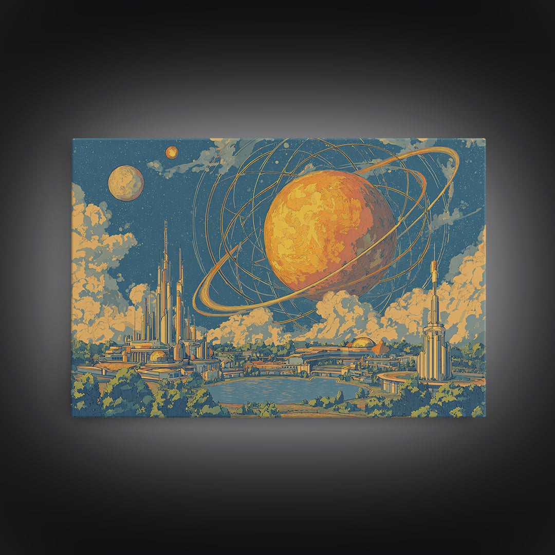 Ringed Planet Futurist City Wall Art, Midcentury Modern Sci Fi Poster, Retro Space Age Decor, Atomic Skyline Canvas Print