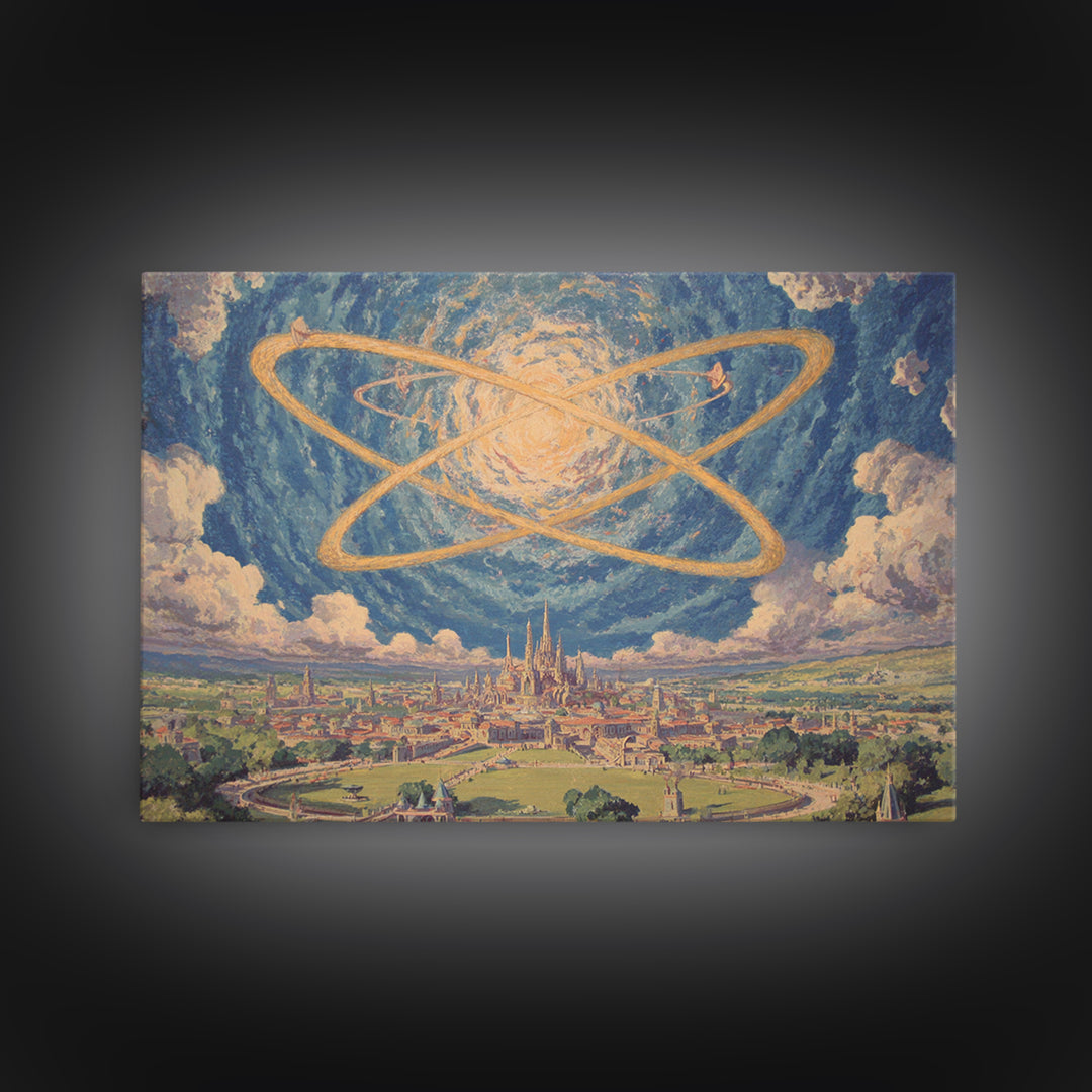 Glowing Atomic Rings Over Utopian City Wall Art, Retro Futurist Landscape Print, Midcentury Modern Sci Fi MCM Decor Poster