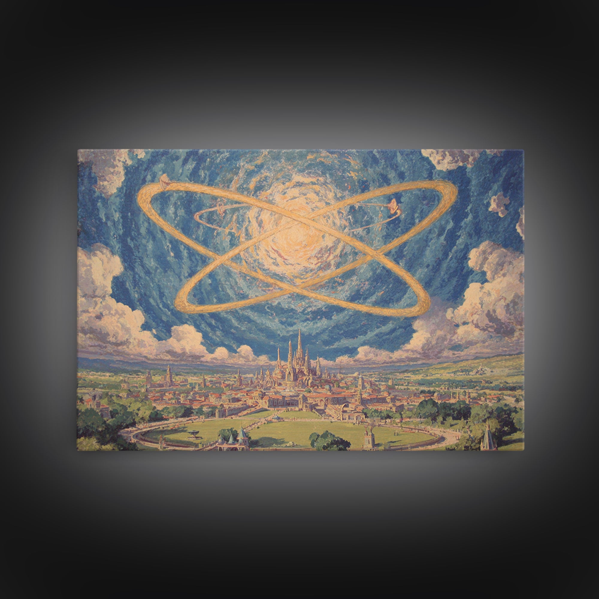 Glowing Atomic Rings Over Utopian City Wall Art, Retro Futurist Landscape Print, Midcentury Modern Sci Fi MCM Decor Poster
