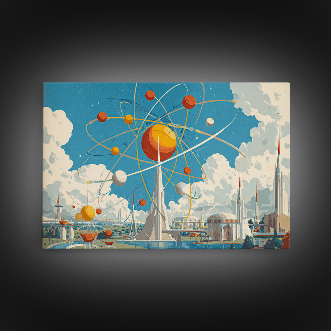 Atomic Solar System Skyline Framed Canvas Print, Midcentury Modern Sci Fi Wall Art, Retro Space Age MCM City Decor Poster