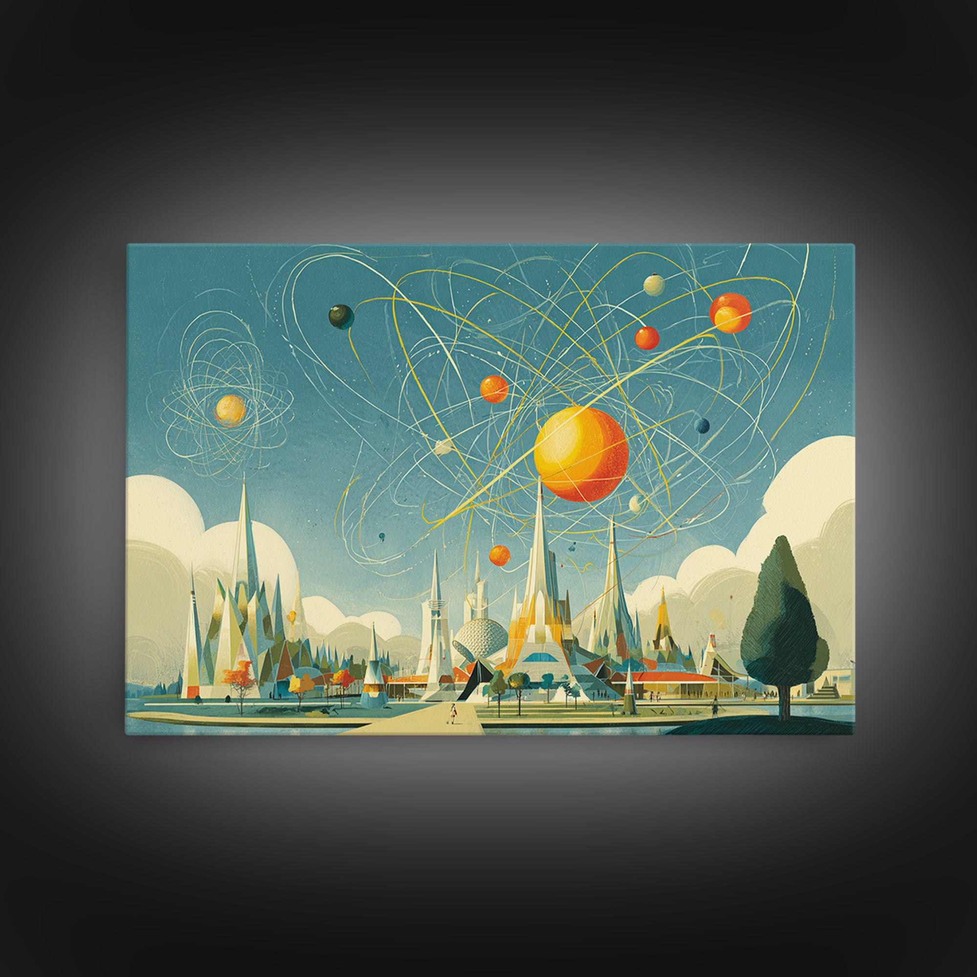 Midcentury Atomic Expo Skyline Wall Art, Retro Futurist Geometric Poster, Modern Space Age MCM Living Room Decor, Canvas Print