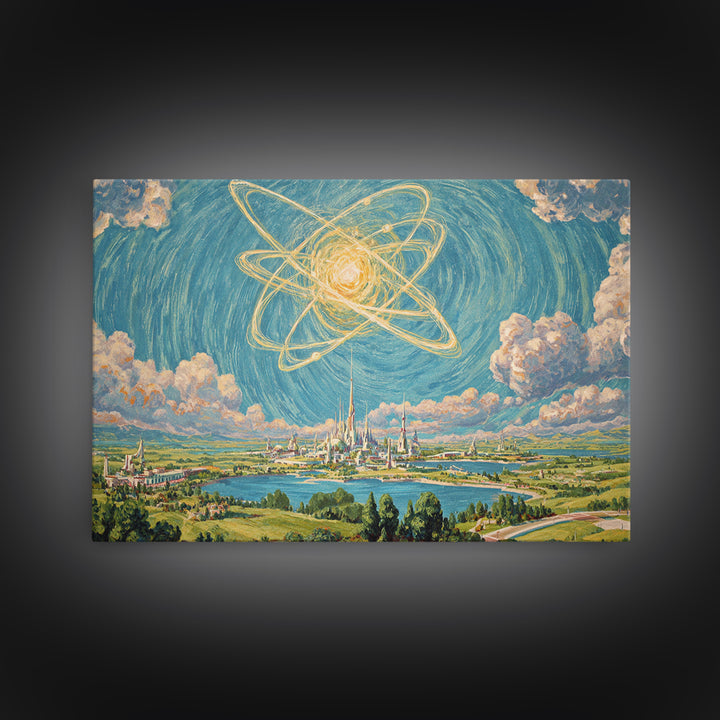 Radiant Atomic Sky Over Future City Wall Art, Midcentury Modern Sci Fi Landscape Poster, Retro Space Age MCM Decor Print