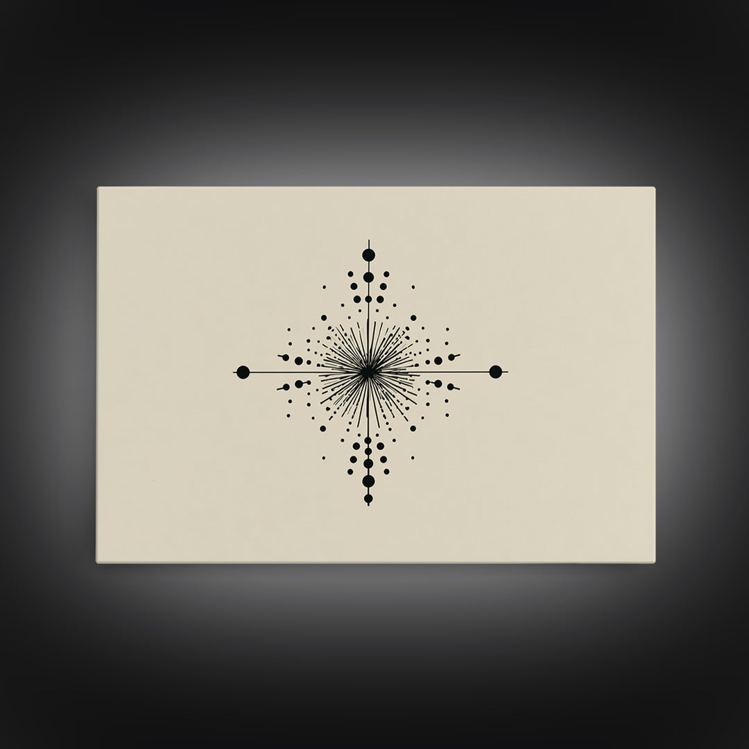 Minimal Black Dot Compass Starburst Canvas Print, Midcentury Modern Wall Art, Geometric Abstract Poster, Neutral MCM Decor