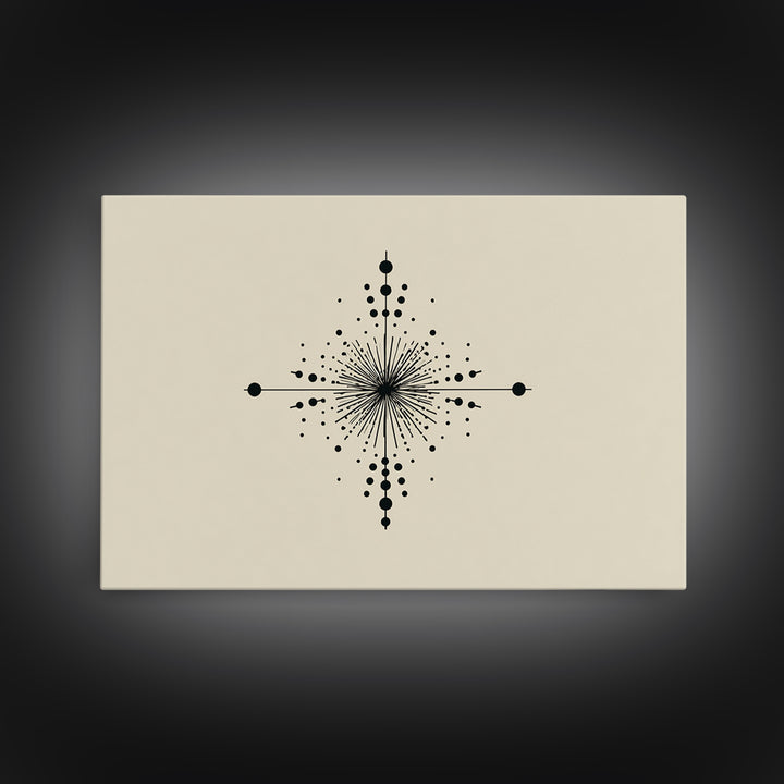 Minimal Black Dot Compass Starburst Canvas Print, Midcentury Modern Wall Art, Geometric Abstract Poster, Neutral MCM Decor