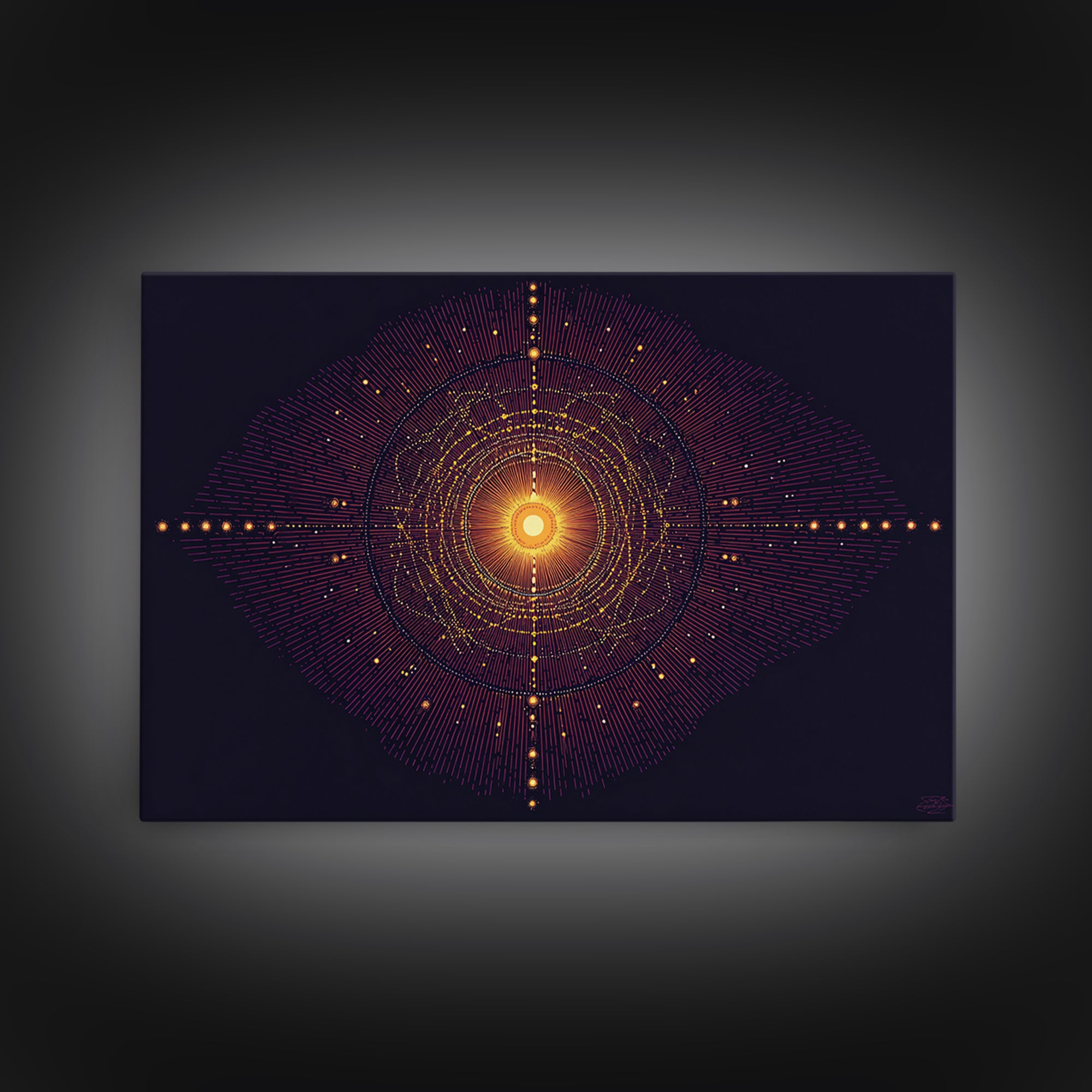 Glowing Orange Cosmic Mandala Wall Art, Midcentury Modern Abstract Art Print, Space Geometric Retro Decor, Large MCM Poster