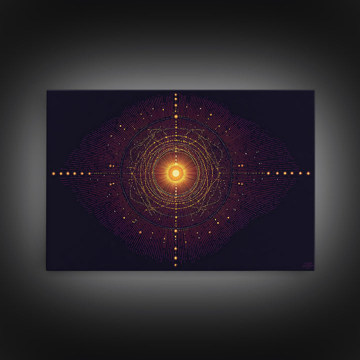 Glowing Orange Cosmic Mandala Wall Art, Midcentury Modern Abstract Art Print, Space Geometric Retro Decor, Large MCM Poster
