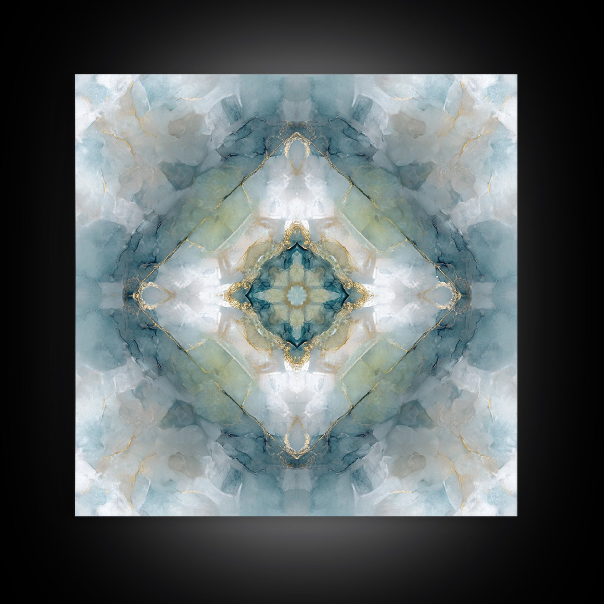 Mandala with Soft Gold and Indigo Symmetry Framed Canvas Print, Meditation Art, Zen Wall Art, Living Room Decor, Stillness, MED-1x1-2