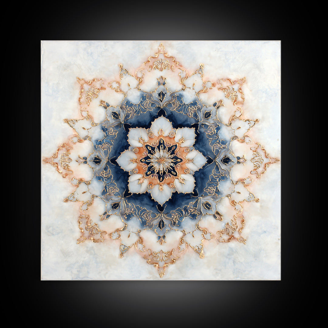 Mandala with Soft Gold and Indigo Symmetry Canvas Print, Meditation Art, Printable Artwork, Living Room Decor, Stillness, MED-1x1-26