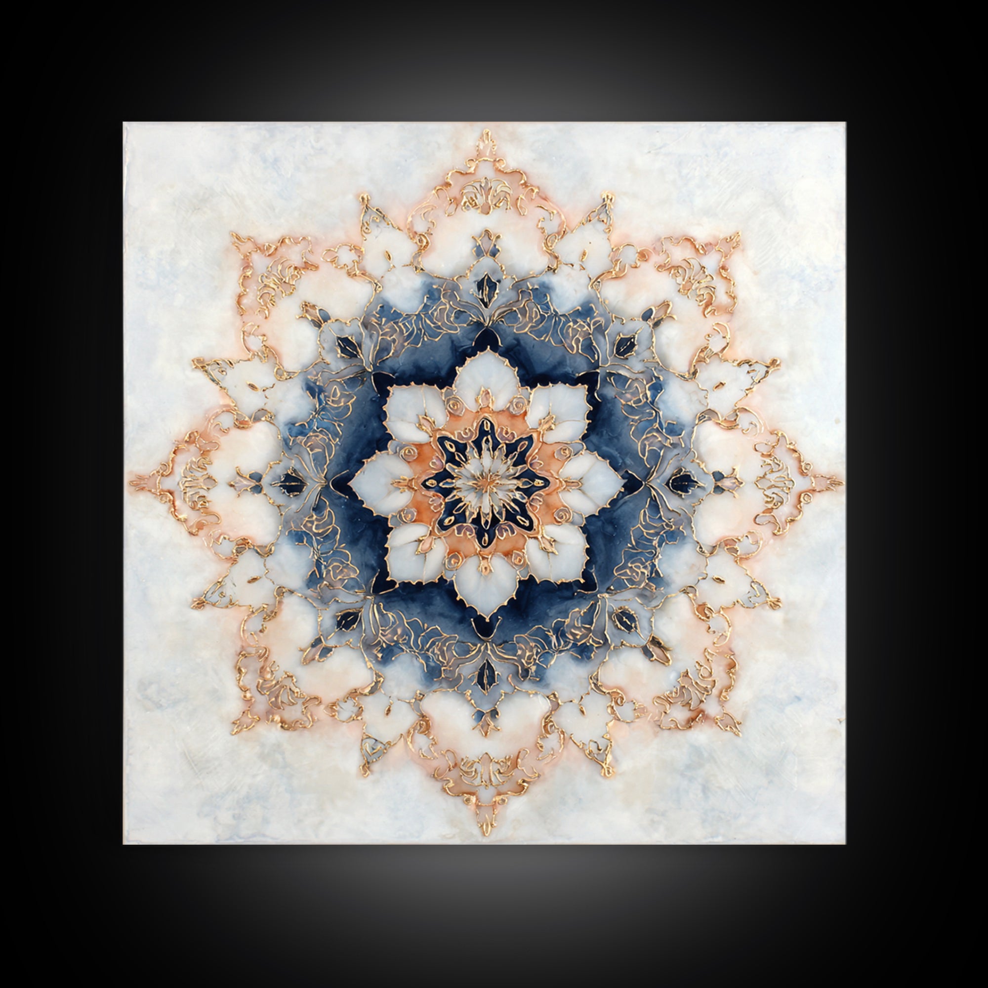 Mandala with Soft Gold and Indigo Symmetry Canvas Print, Meditation Art, Printable Artwork, Living Room Decor, Stillness, MED-1x1-26