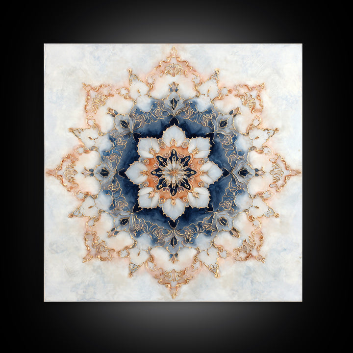 Mandala with Soft Gold and Indigo Symmetry Canvas Print, Meditation Art, Printable Artwork, Living Room Decor, Stillness, MED-1x1-26