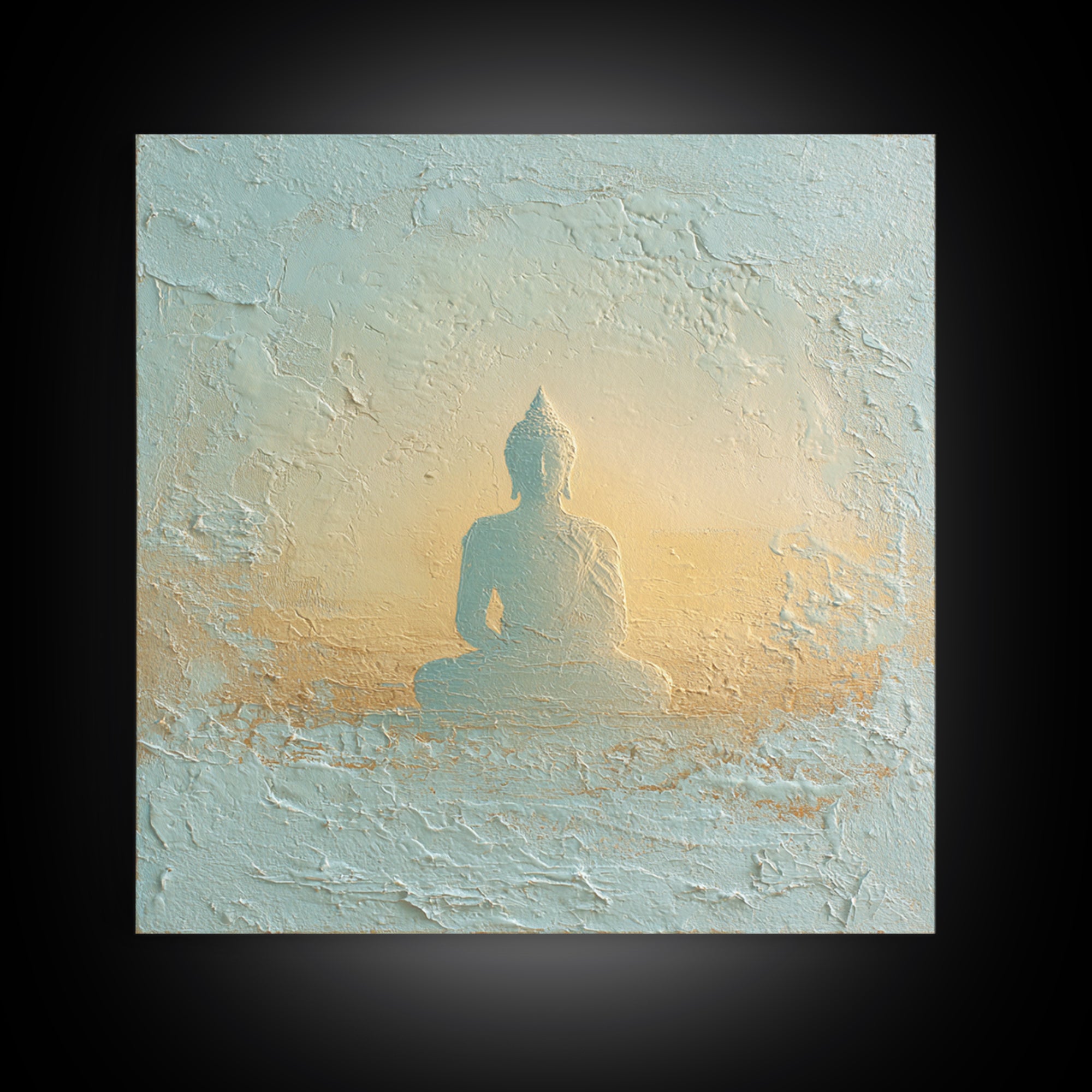 Buddha Silhouette Surrounded by Warm Light Canvas Print, Meditation Art, Neutral Wall Art, Living Room Decor, Stillness, MED-1x1-31