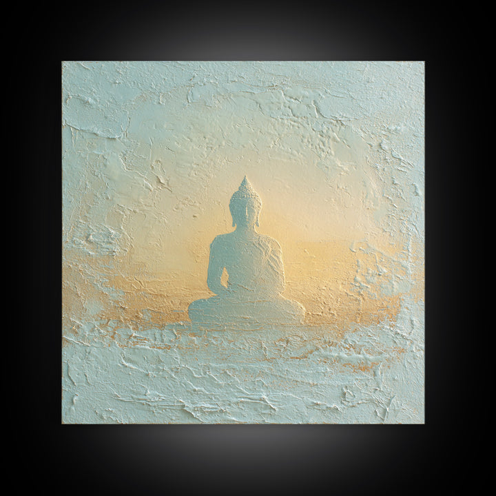 Buddha Silhouette Surrounded by Warm Light Canvas Print, Meditation Art, Neutral Wall Art, Living Room Decor, Stillness, MED-1x1-31