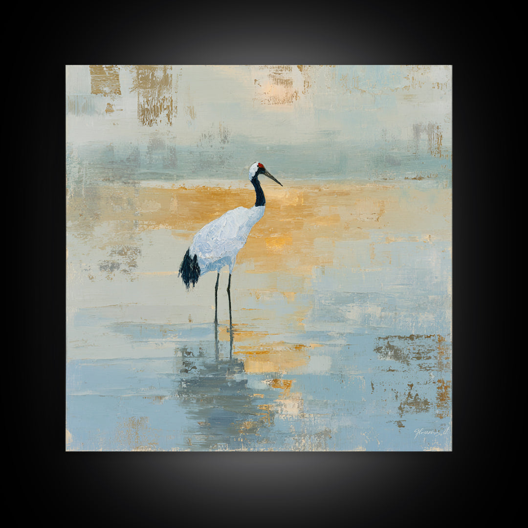 White Crane in Quiet Morning Mist Framed Canvas Print, Meditation Art, Art Print, Living Room Decor, Fine Art, Stillness, MED-1x1-40