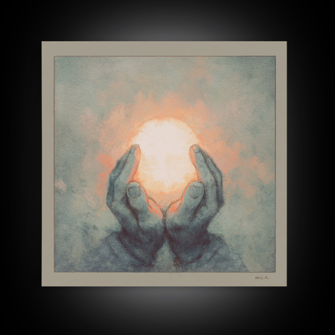 Hands Holding a Tiny Glowing Sun Canvas Print, Meditation Art, Contemporary Art, Living Room Decor, Fine Art, Stillness, MED-1x1-60