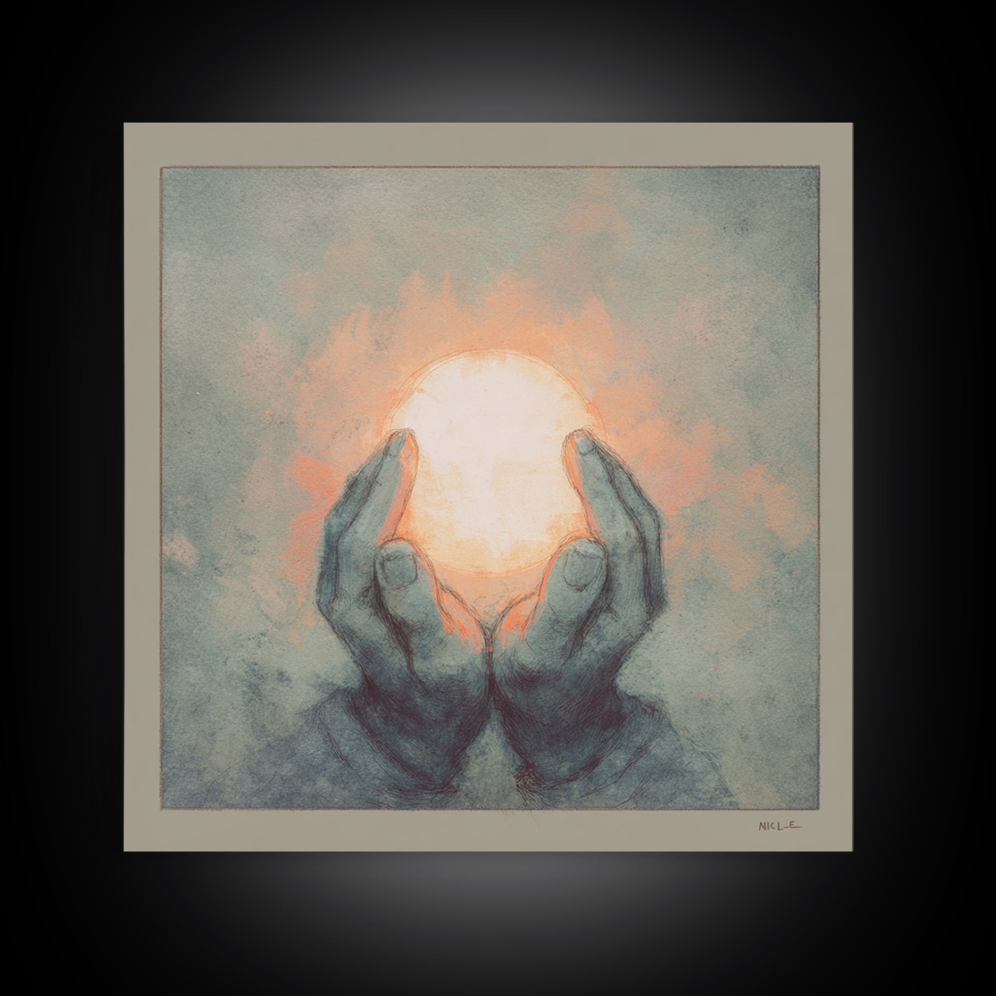 Hands Holding a Tiny Glowing Sun Canvas Print, Meditation Art, Contemporary Art, Living Room Decor, Fine Art, Stillness, MED-1x1-60