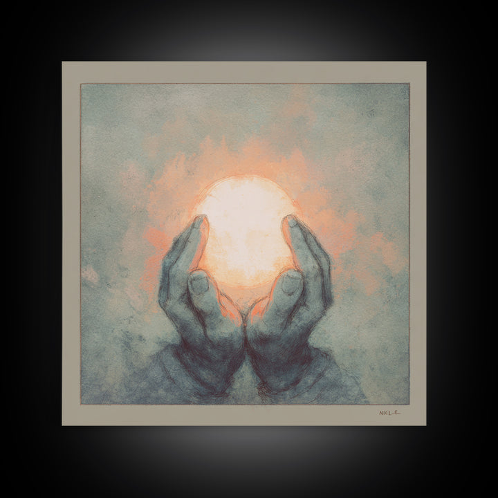 Hands Holding a Tiny Glowing Sun Canvas Print, Meditation Art, Contemporary Art, Living Room Decor, Fine Art, Stillness, MED-1x1-60