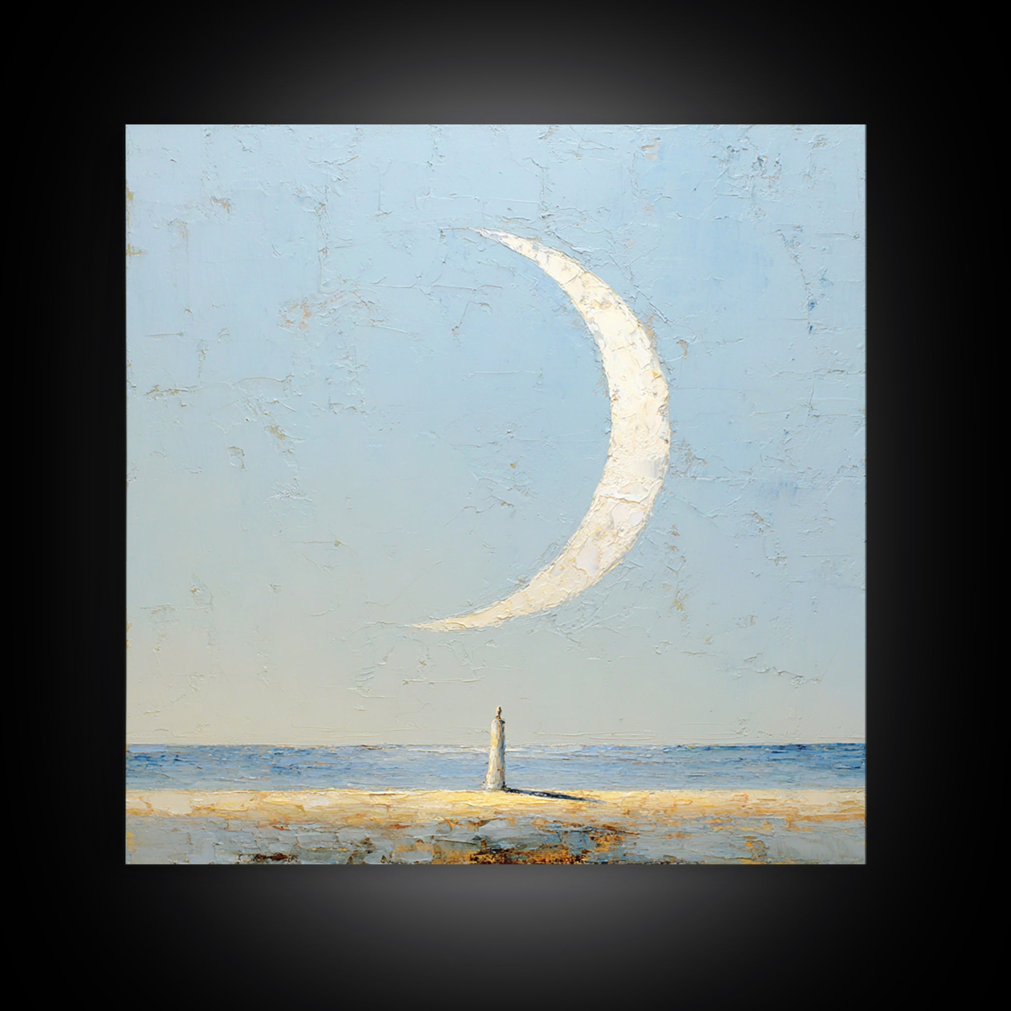 Single Seated Figure Beneath a Crescent Moon Canvas Print, Meditation Art, Statement Artwork, Living Room Decor, Stillness, MED-1x1-75
