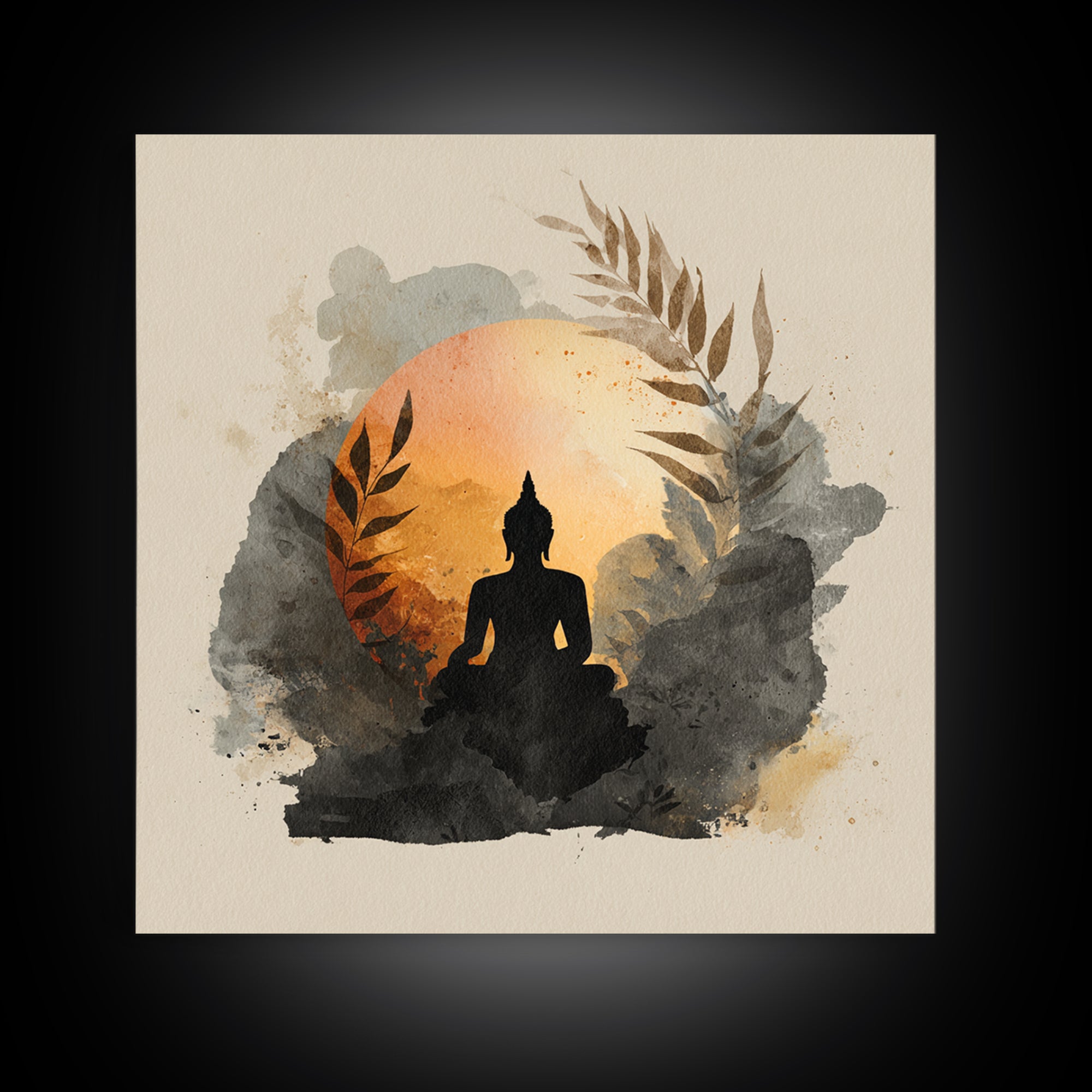 Buddha Silhouette Surrounded by Warm Light Framed Canvas Print, Meditation Art, Boho Decor, Living Room Decor, Oil Painting, MED-1x1-79