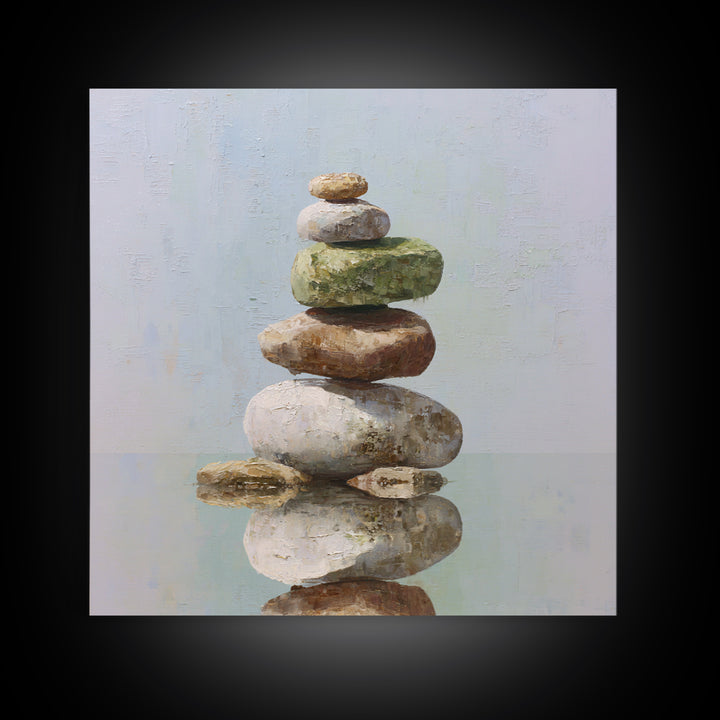 Floating Stones Balanced Above Calm Water Framed Canvas Print, Meditation Art, Digital Print, Living Room Decor, Stillness, MED-1x1-8
