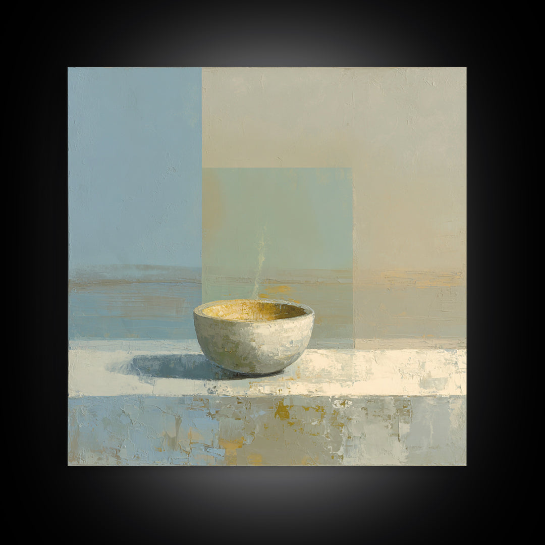 Tea Bowl and Steam Framed Canvas Print, Meditation Art, Wall Art, Living Room Decor, Oil Painting, Stillness, Boho Wall Decor, MED-1x1-93