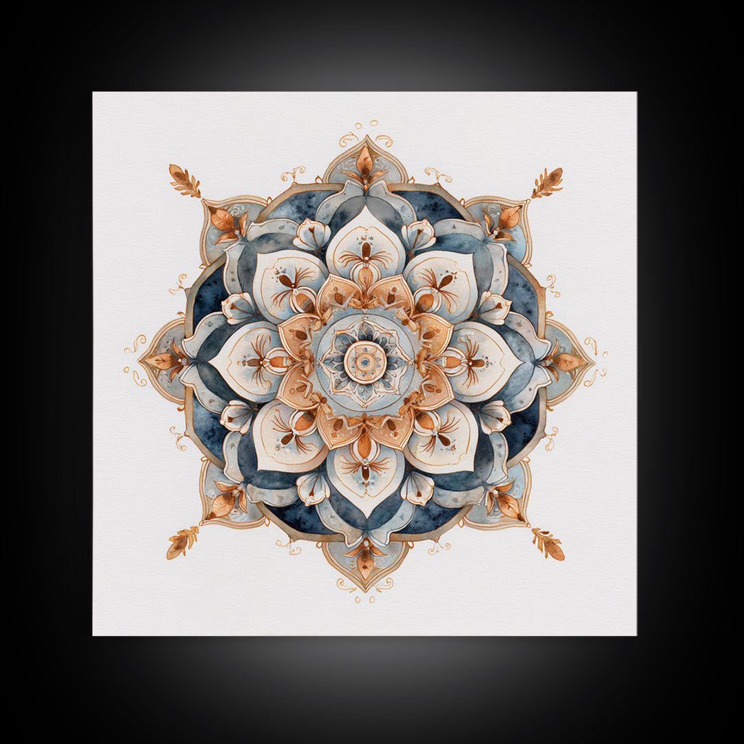 Mandala with Soft Gold and Indigo Symmetry Canvas Print, Meditation Art, Room Decor, Living Room Decor, Fine Art, Stillness, MED-1x1-98