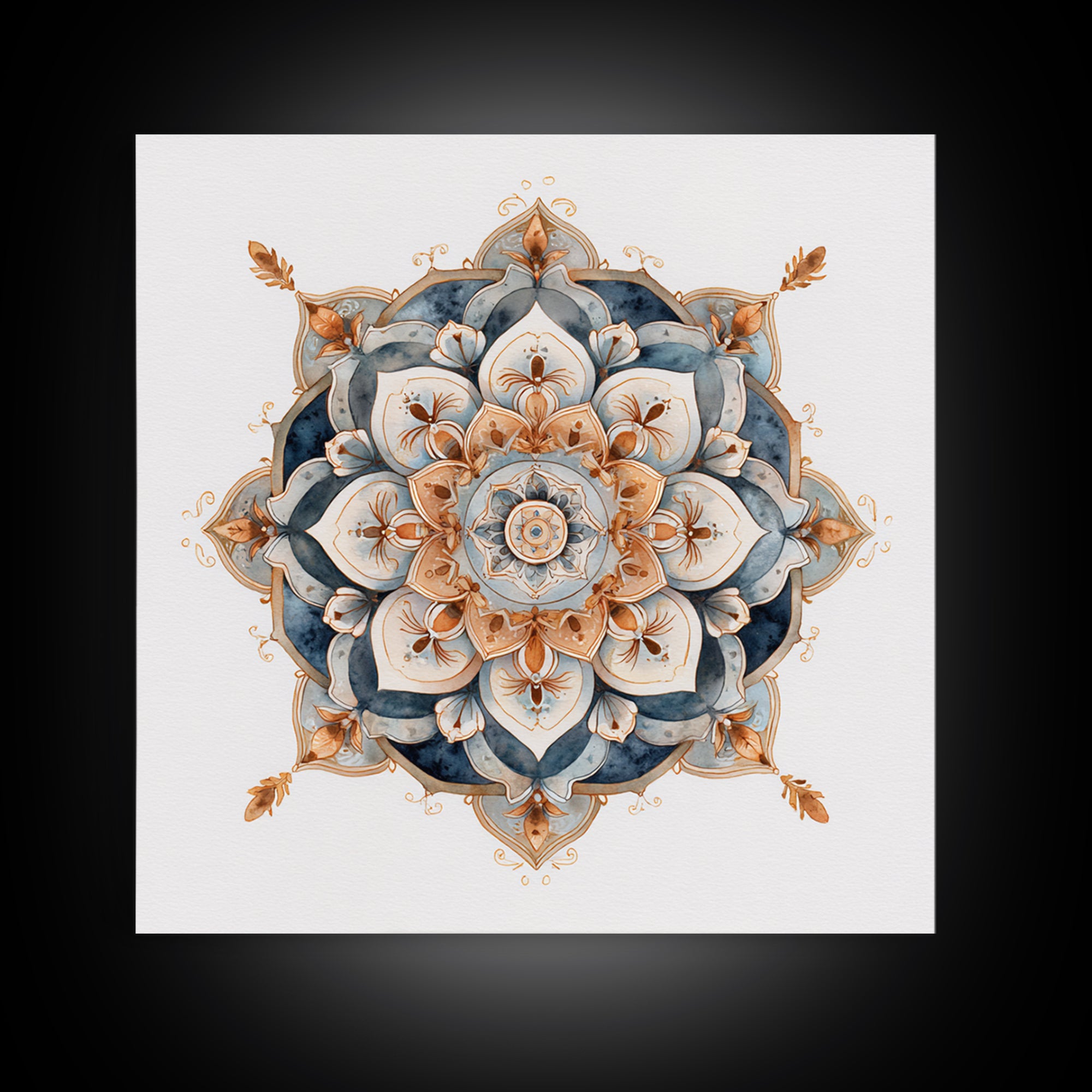 Mandala with Soft Gold and Indigo Symmetry Canvas Print, Meditation Art, Room Decor, Living Room Decor, Fine Art, Stillness, MED-1x1-98