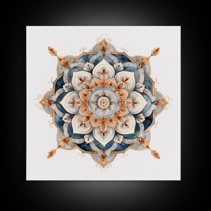 Mandala with Soft Gold and Indigo Symmetry Canvas Print, Meditation Art, Room Decor, Living Room Decor, Fine Art, Stillness, MED-1x1-98