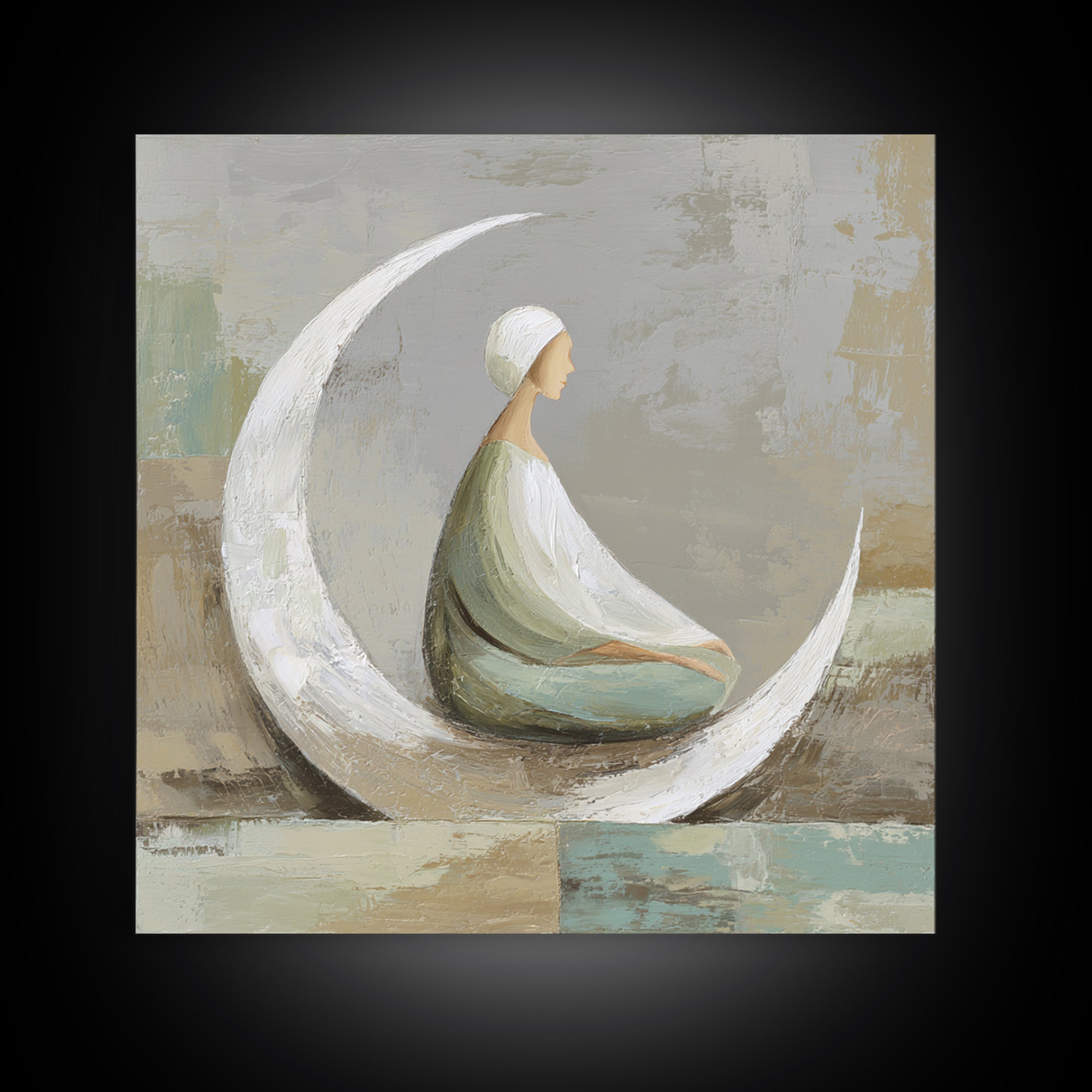 Single Seated Figure Beneath a Crescent Moon Canvas Print, Meditation Art, Digital Wall Art, Living Room Decor, Stillness, MED-1x1-99