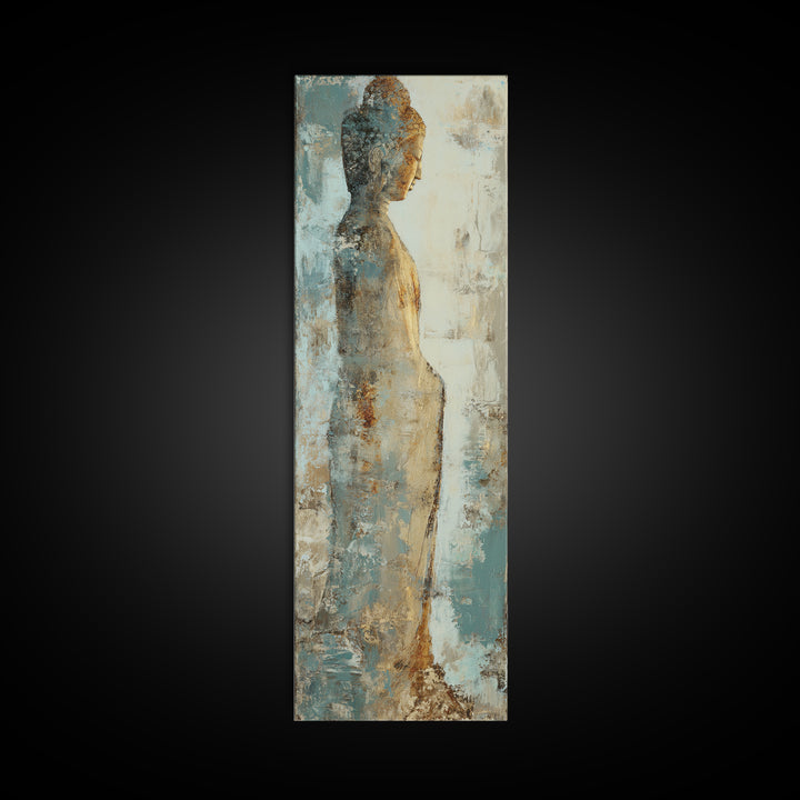 Buddha Silhouette Surrounded by Warm Light Framed Canvas Print, Meditation Art, Boho Wall Decor, Living Room Decor, Stillness, MED-1x3-19