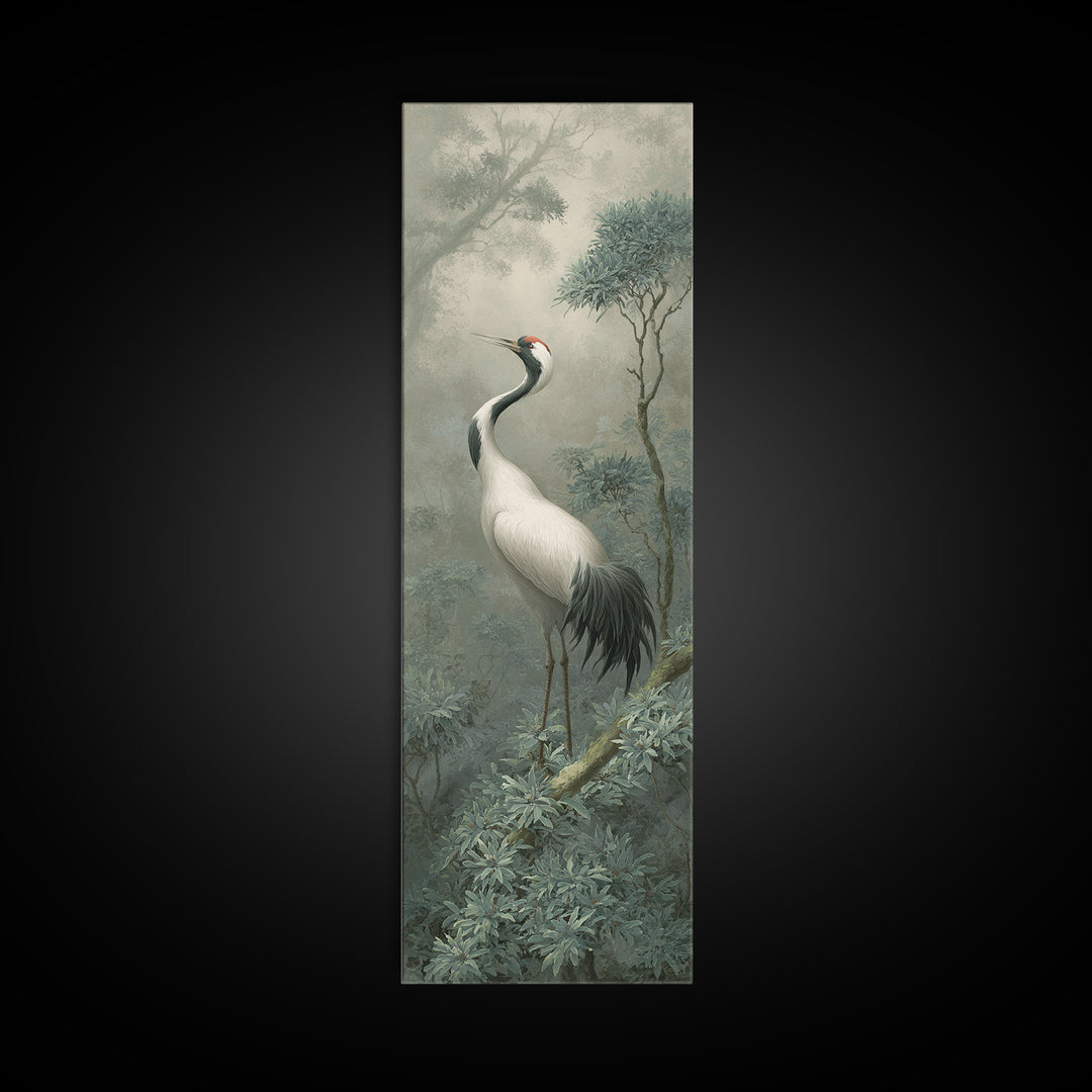 White Crane in Quiet Morning Mist Framed Canvas Print, Meditation Art, Abstract Wall Art, Living Room Decor, Stillness, MED-1x3-52