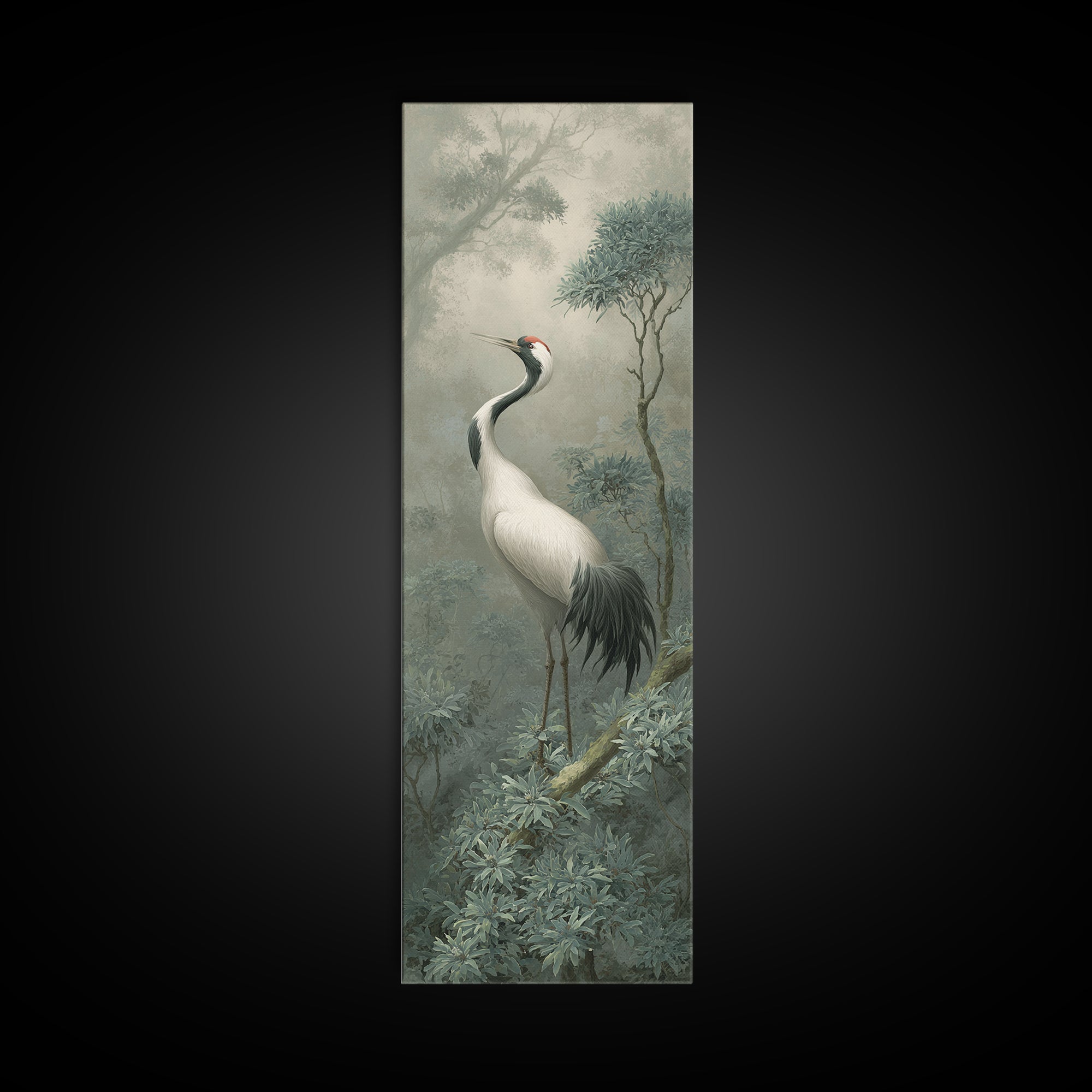 White Crane in Quiet Morning Mist Framed Canvas Print, Meditation Art, Abstract Wall Art, Living Room Decor, Stillness, MED-1x3-52