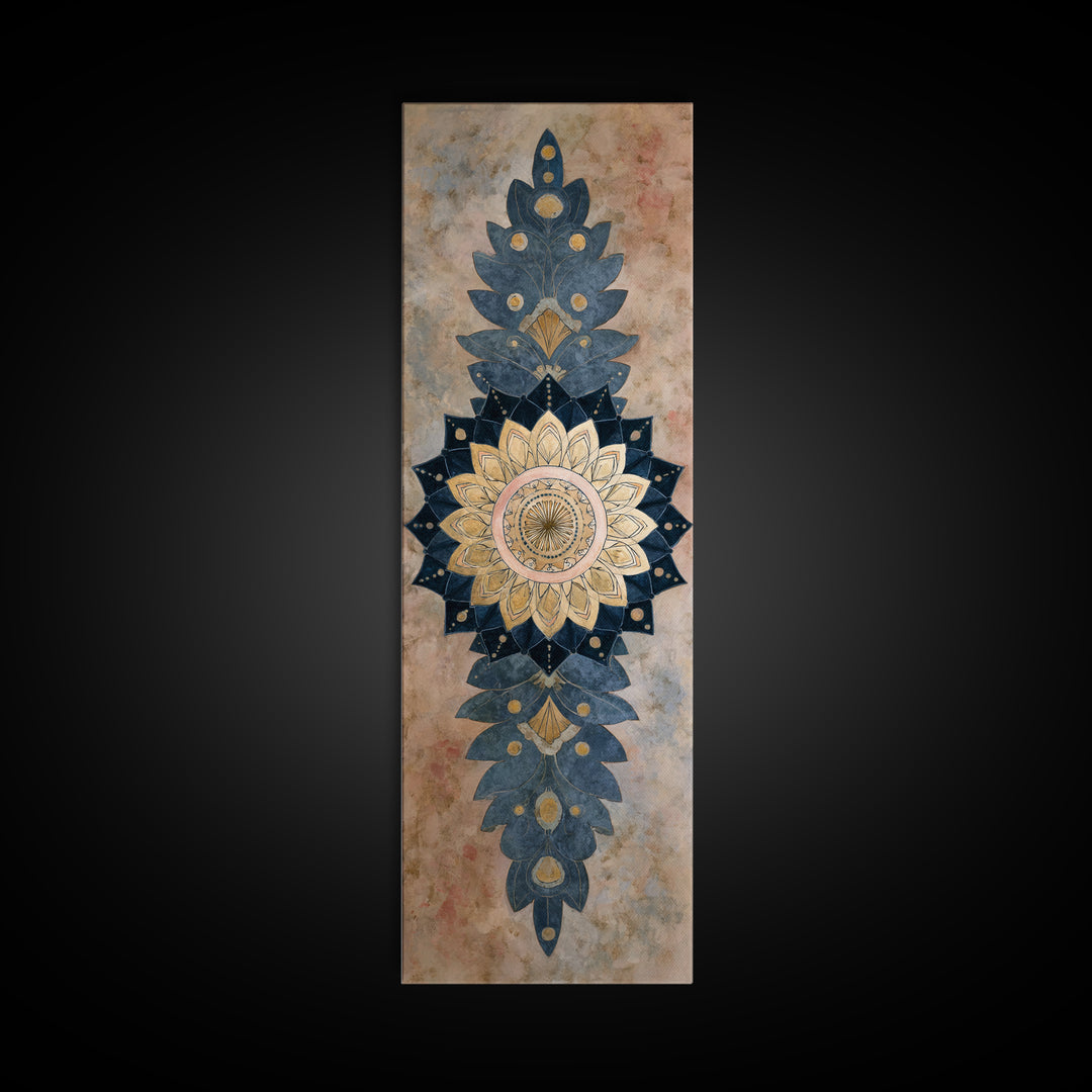 Mandala with Soft Gold and Indigo Symmetry Canvas Print, Meditation Art, Minimalist Decor, Living Room Decor, Stillness, MED-1x3-86
