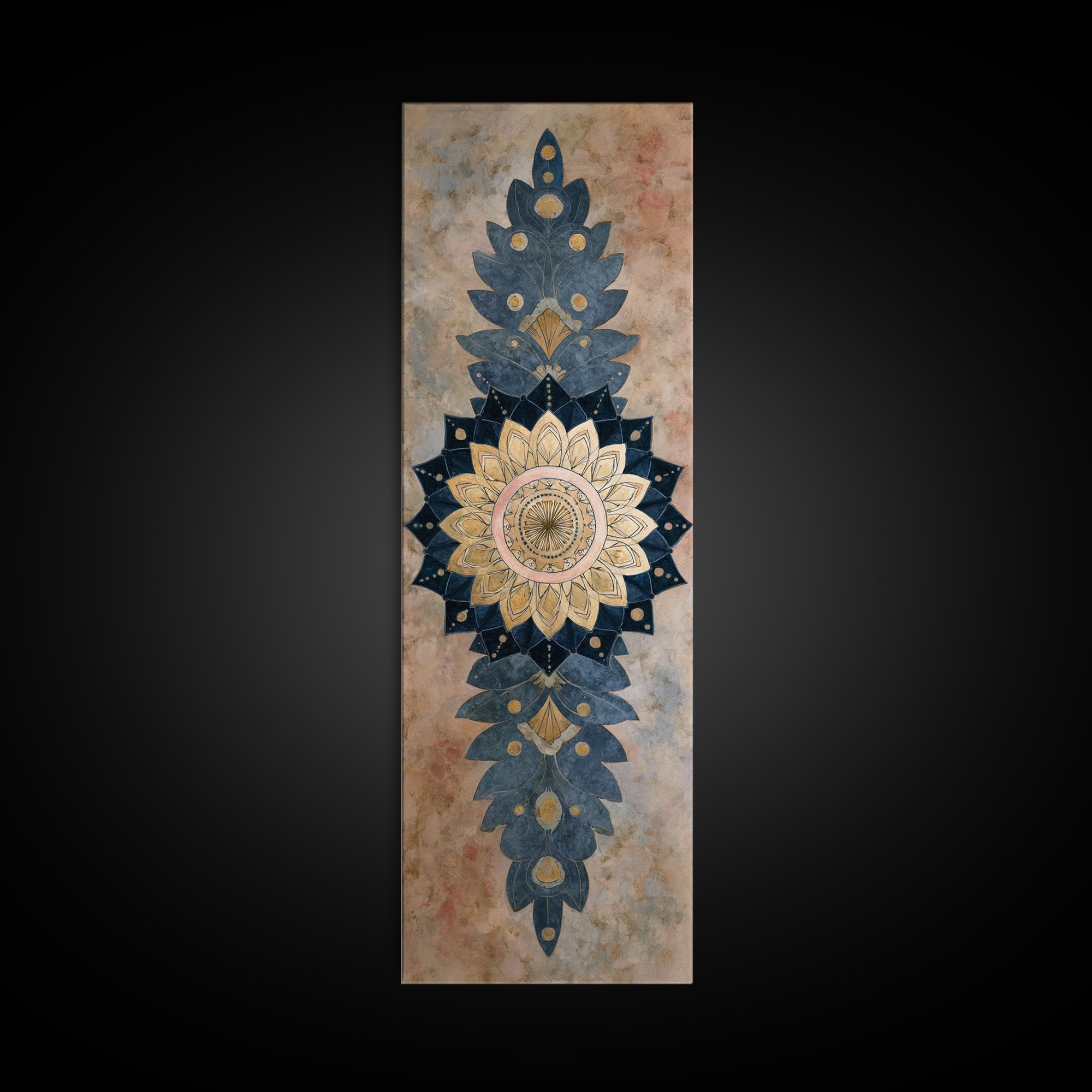 Mandala with Soft Gold and Indigo Symmetry Canvas Print, Meditation Art, Minimalist Decor, Living Room Decor, Stillness, MED-1x3-86